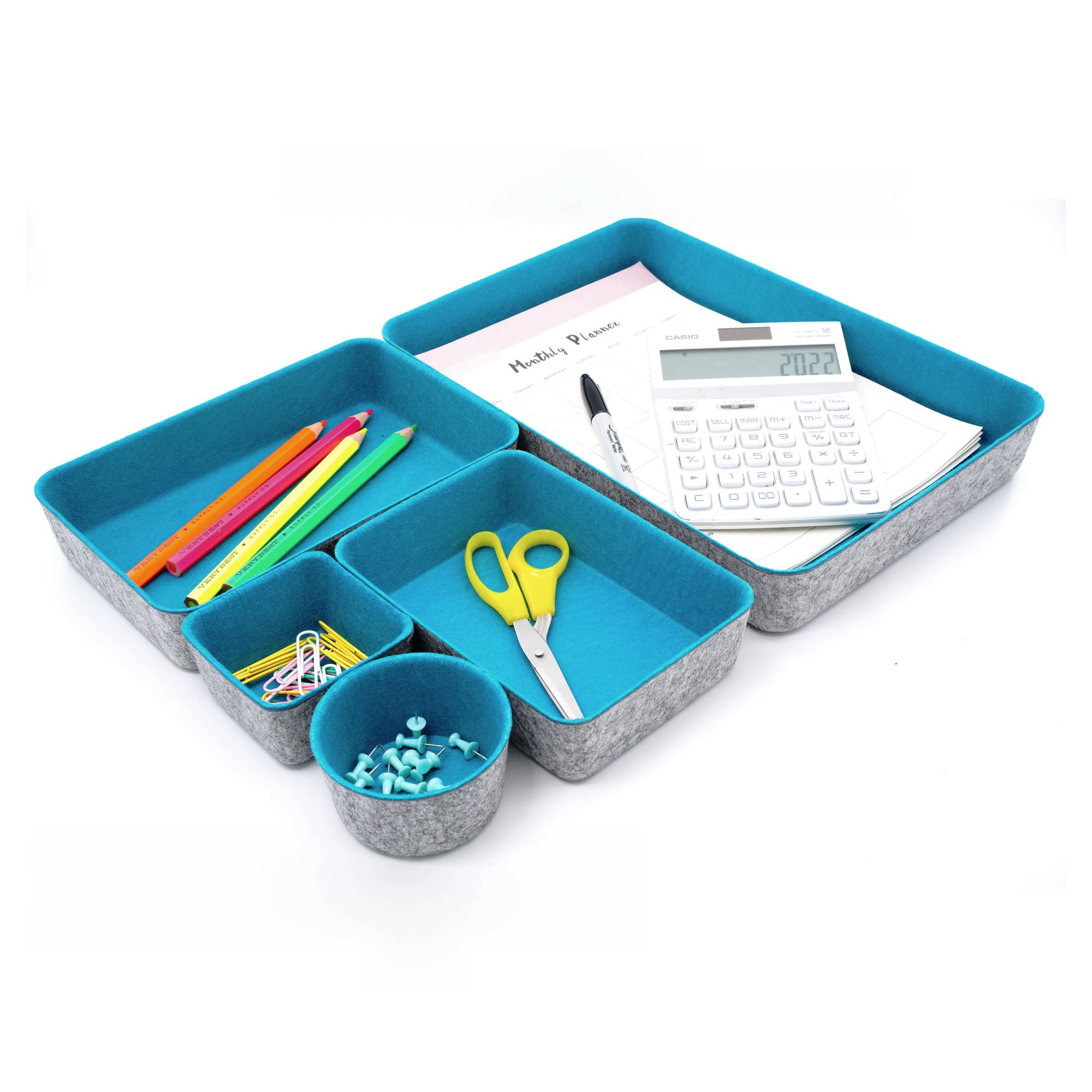 Welaxy 5-Piece Round Felt Desk Drawer Organizer Set - Turquoise Storage Bins for Office Paper, Letters, Documents, Magazines & Files - Perfect for Home, Office & Workspace Organization