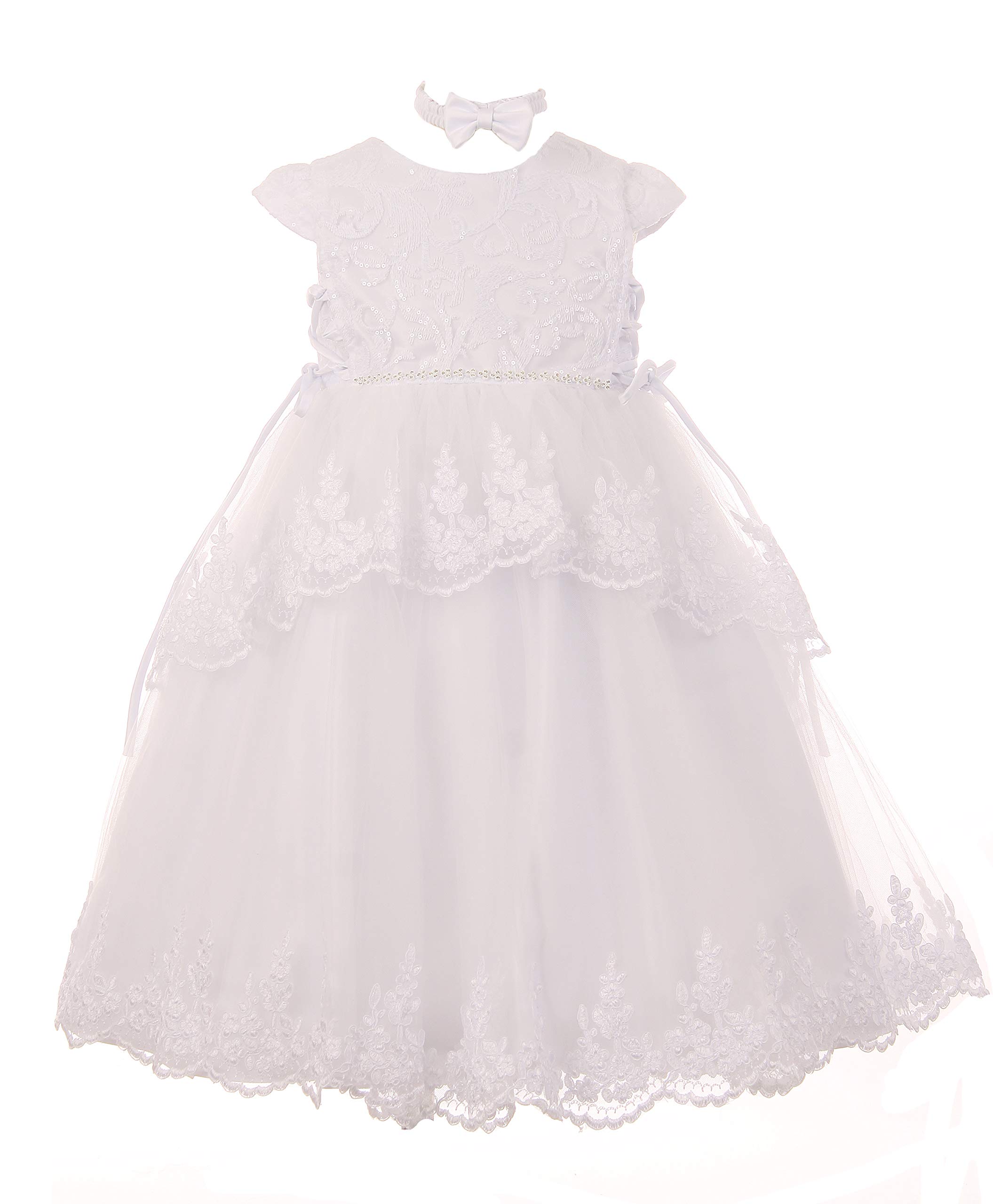 White Satin Tulle Flower Girl Dress with Rhinestones & Sequins - Peplum Style Baptism & Wedding Gown for Baby & Kids - Perfect for Easter, First Communion & Special Occasions