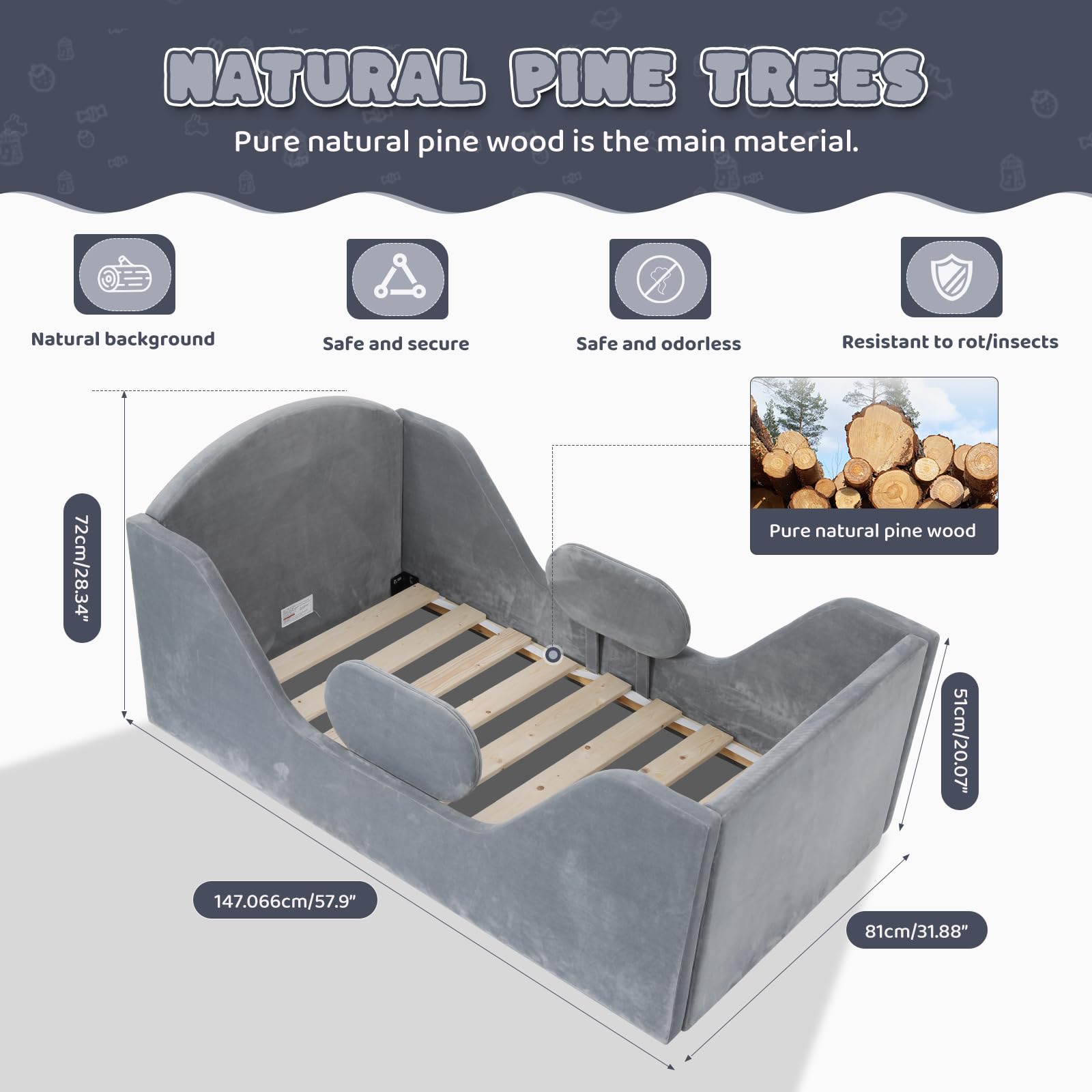 Round Toddler Bed with Safety Rail & Upholstered Headboard - Standard Crib Size Floor Bed for Kids 18 Months to 6 Years (Gray, No Mattress) | Safe Transition Bed for Montessori Room, Daycare or Nursery