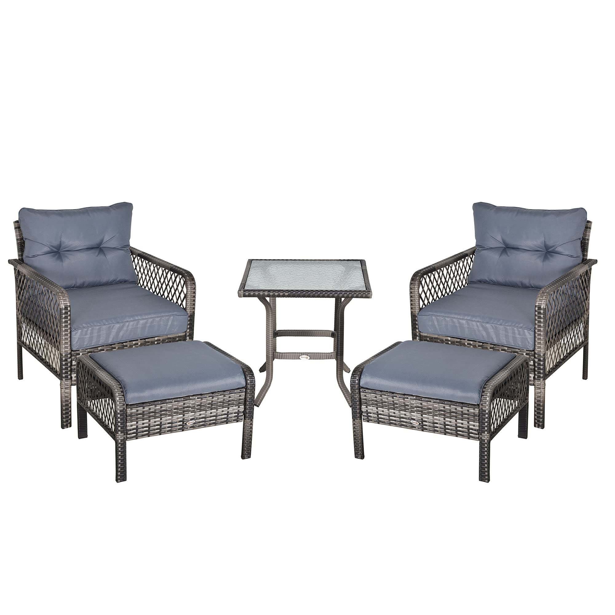 Outsunny 5-Piece Grey PE Rattan Patio Furniture Set with Ottoman & Weather-Resistant Cushions - Outdoor Wicker Armchairs for Garden, Poolside, and Backyard Relaxation