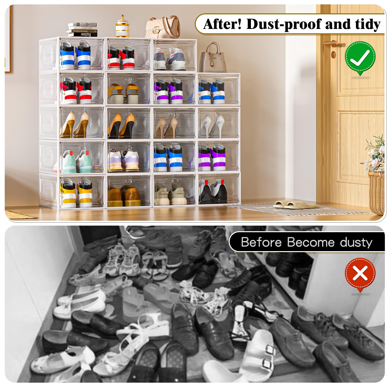 8 Pack Clear Shoe Storage Boxes with Magnetic Door - Stackable Thick Plastic Shoe Organizers for Sneakers, Boots & Closet Organization - Perfect for Wall Mounting & Space Saving in Bedrooms, Dorms & Entryways