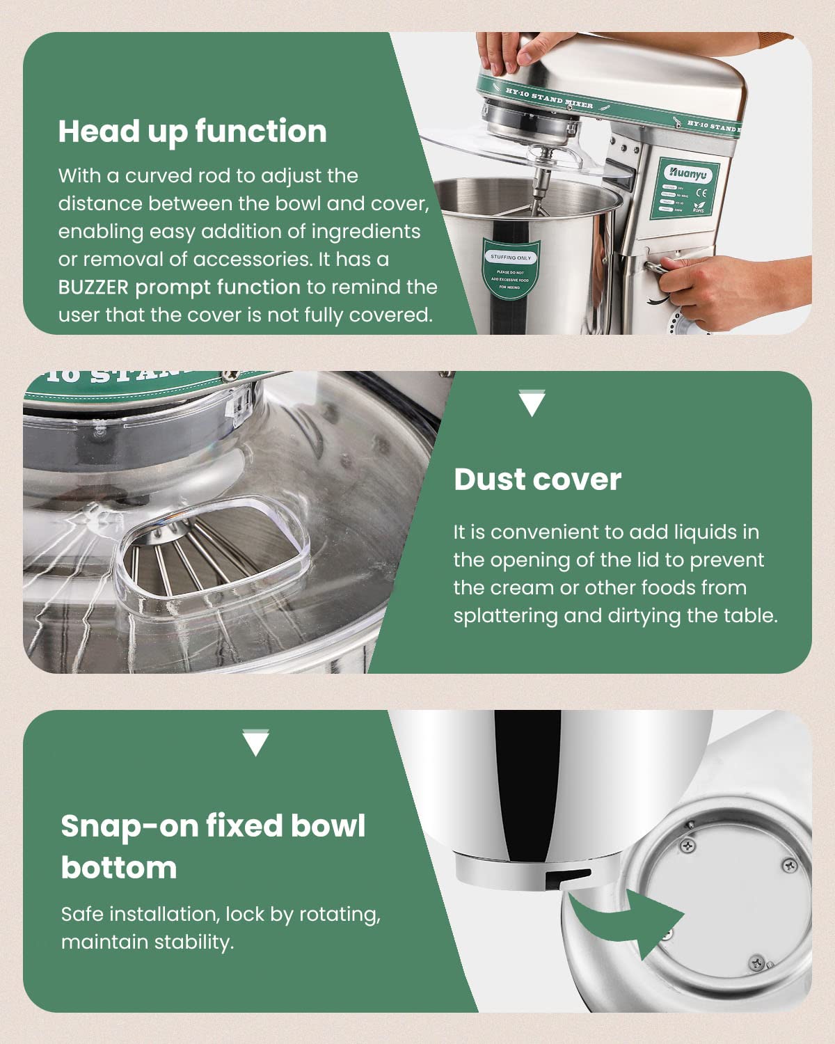 Huanyu 10QT 500W Commercial Stand Mixer - Heavy Duty Electric Dough Blender with Stainless Steel Bowl, Dough Hook, Flat Beater & Whisk - 3-in-1 Multifunctional Food Mixing Machine for Baking, Cooking & Pastry Making (110V) - Perfect for Bakeries, Restaurants & Home Kitchens