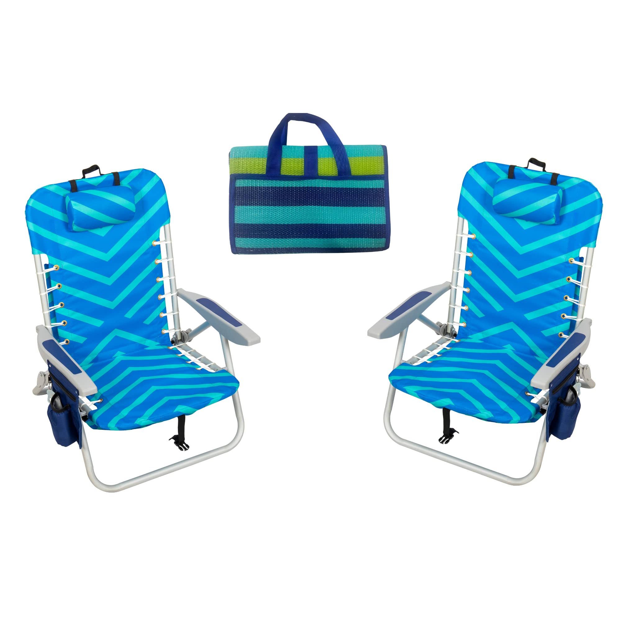 Rio Beach 4-Position Lace-Up Backpack Folding Beach Chairs 2 Pack with Handy Mat - Portable Chevron Design for Outdoor, Picnic, Camping & Travel Comfort