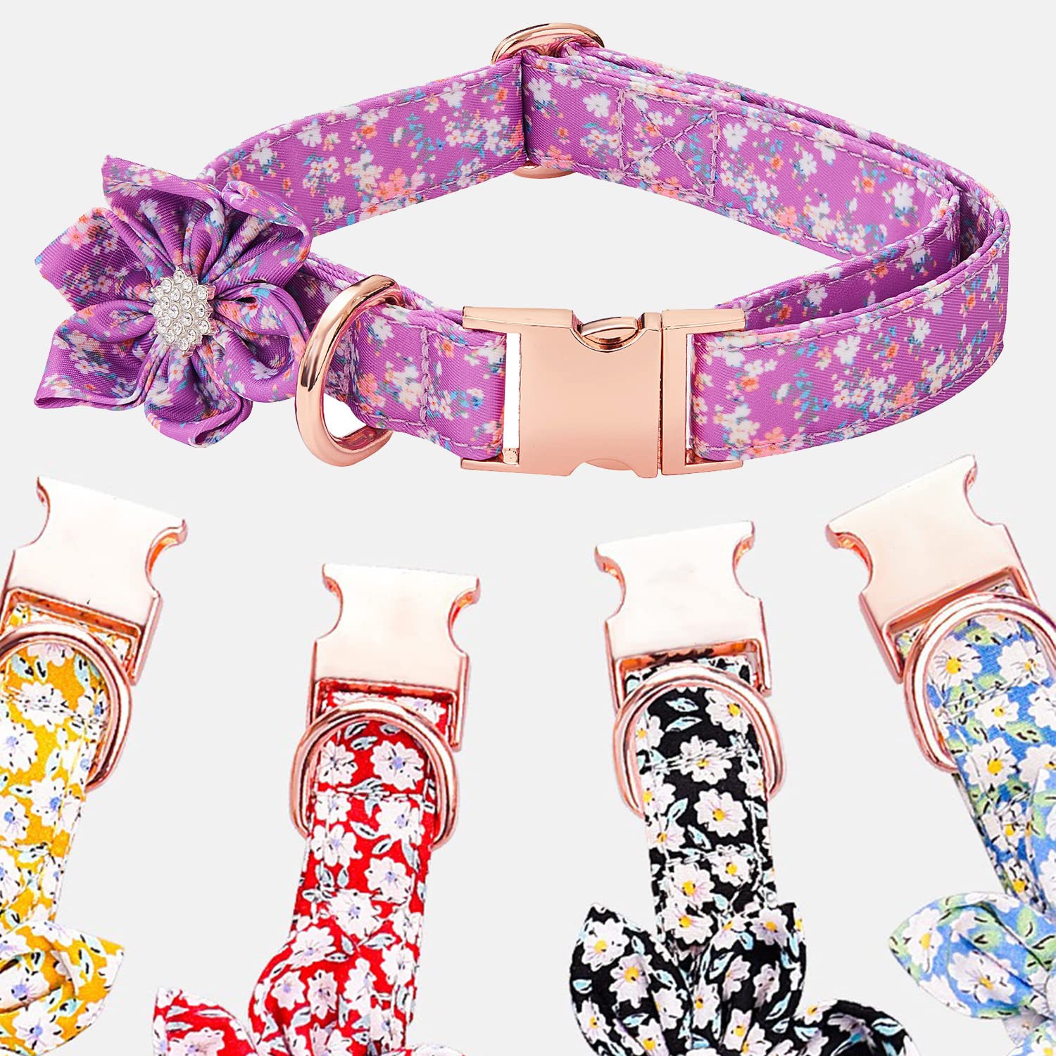 Premium Soft Padded Dog Collar with Daisy Flower Tie - 3 Stylish Patterns, Durable Metal Buckle for Small to Large Dogs (Purple, Large) - Perfect for Daily Walks, Training & Fashion Accessories for Your Pet