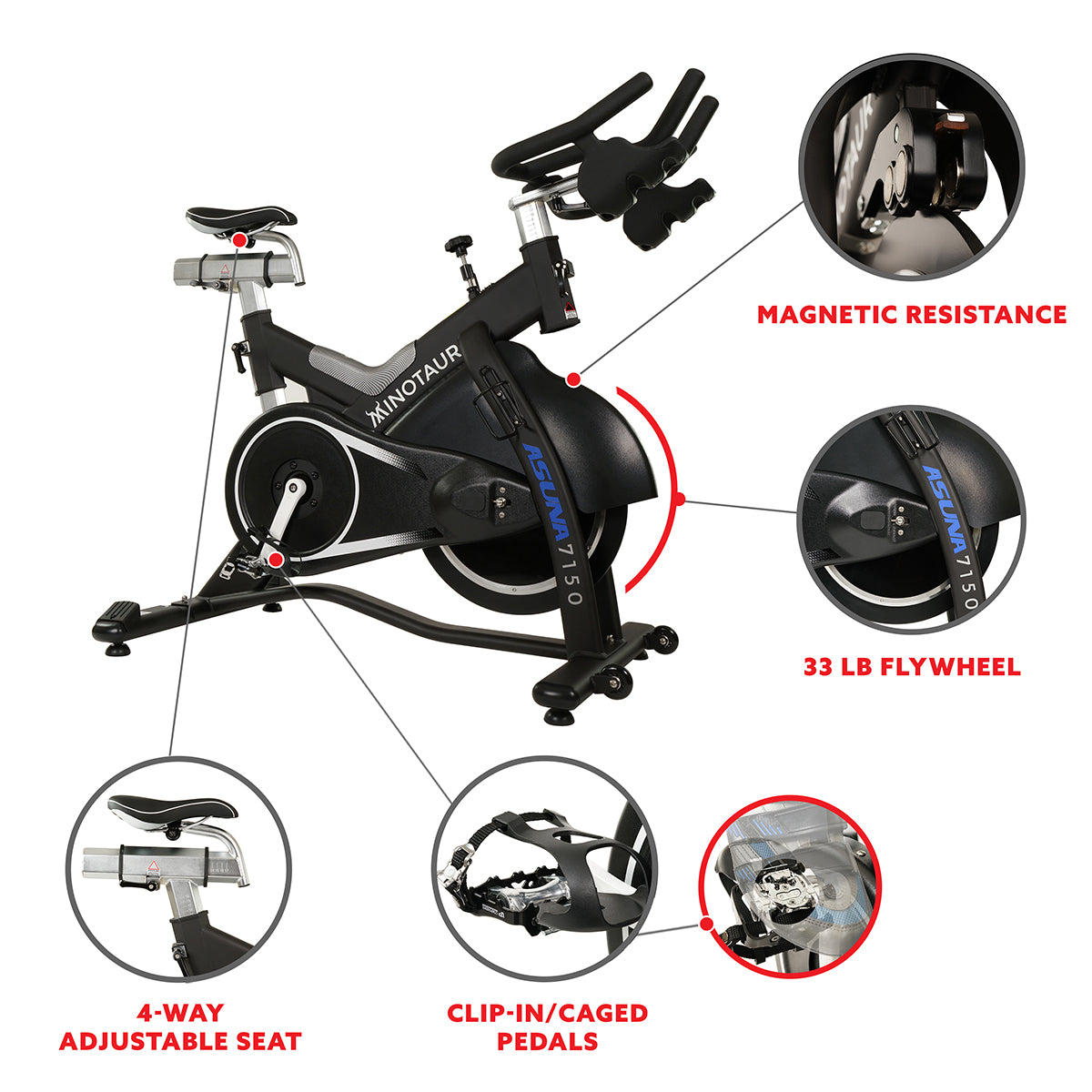 Asuna Minotaur Magnetic Belt Drive Stationary Exercise Bike - 350 lbs Weight Capacity, Quiet & Smooth Workout for Home Gym, Cardio Training, and Indoor Cycling