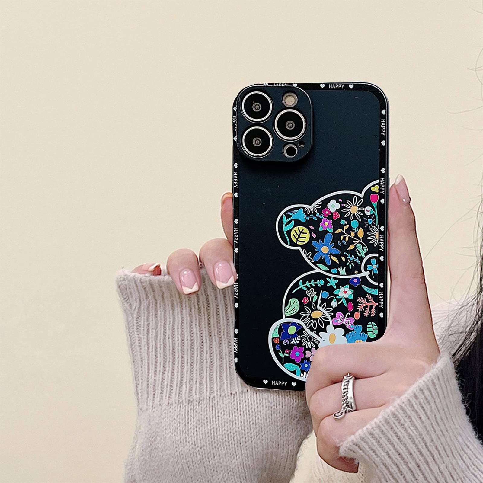 Premium Cute Black Flower Bear iPhone 13 Pro Max Case - Soft TPU Shockproof Protective Cover with Floral Design | Perfect for Everyday Use, Travel & Gift Giving