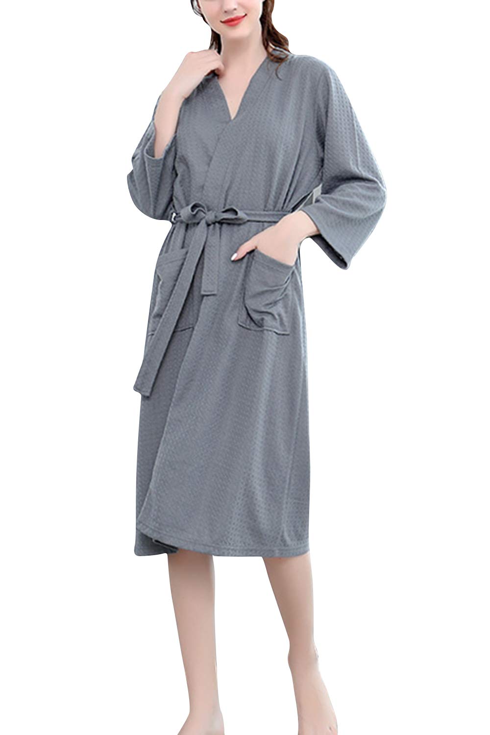 ASHER FASHION Women's Lightweight Fleece Robe - Soft Long Waffle Kimono Bathrobe for Women & Men, Unisex Spa Robe - Perfect for Lounge, Relaxation & Home Comfort