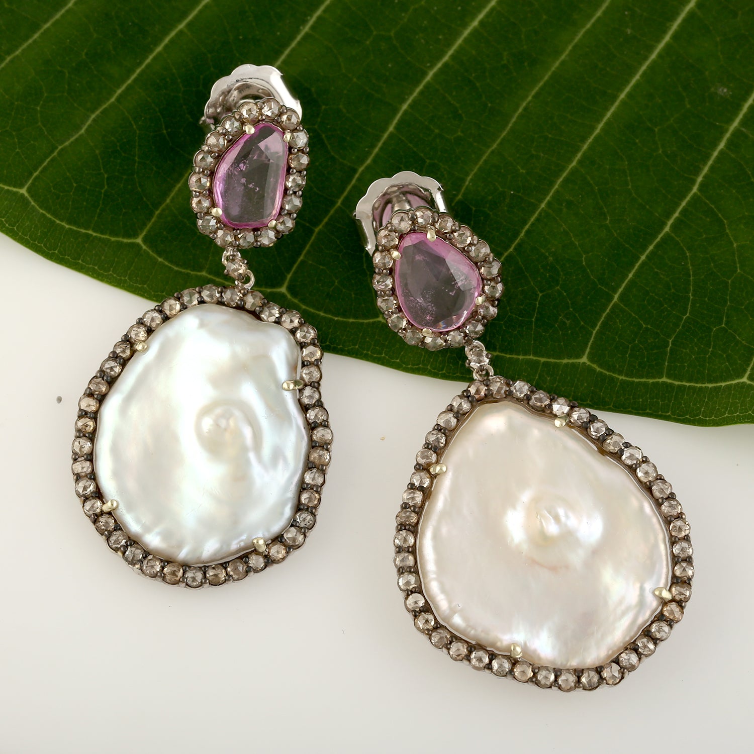 14K Yellow Gold Dangle Earrings with Pink Sapphire, Pearl, and Pave Diamonds | Elegant Oval Drop Earrings for Women | Perfect for Weddings, Parties, and Special Occasions