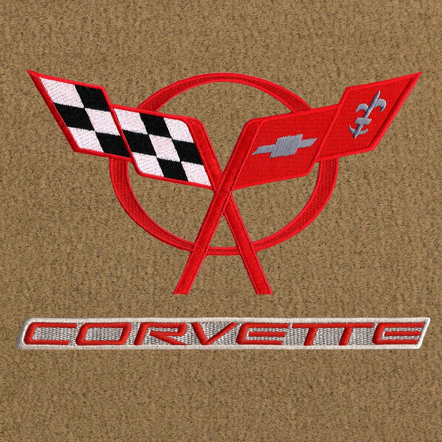Lloyd Mats Velourtex Tan 3-Piece Floor Mats for 1997-2004 Corvette Convertible - Red C5 Flags & Corvette Lettering on Beige Applique | Premium Car Interior Accessories for Sports Car Enthusiasts