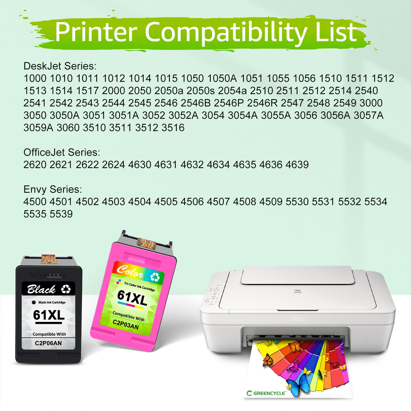 GREENCYCLE 61XL Remanufactured Ink Cartridges - 2 Pack (1 Black, 1 Tri-Color) - Compatible with HP Envy 4500, Deskjet 1000/1056/1510/1512/1010/1055, OfficeJet 4630 Printers - High-Quality Replacement Ink for Home & Office Printing Needs