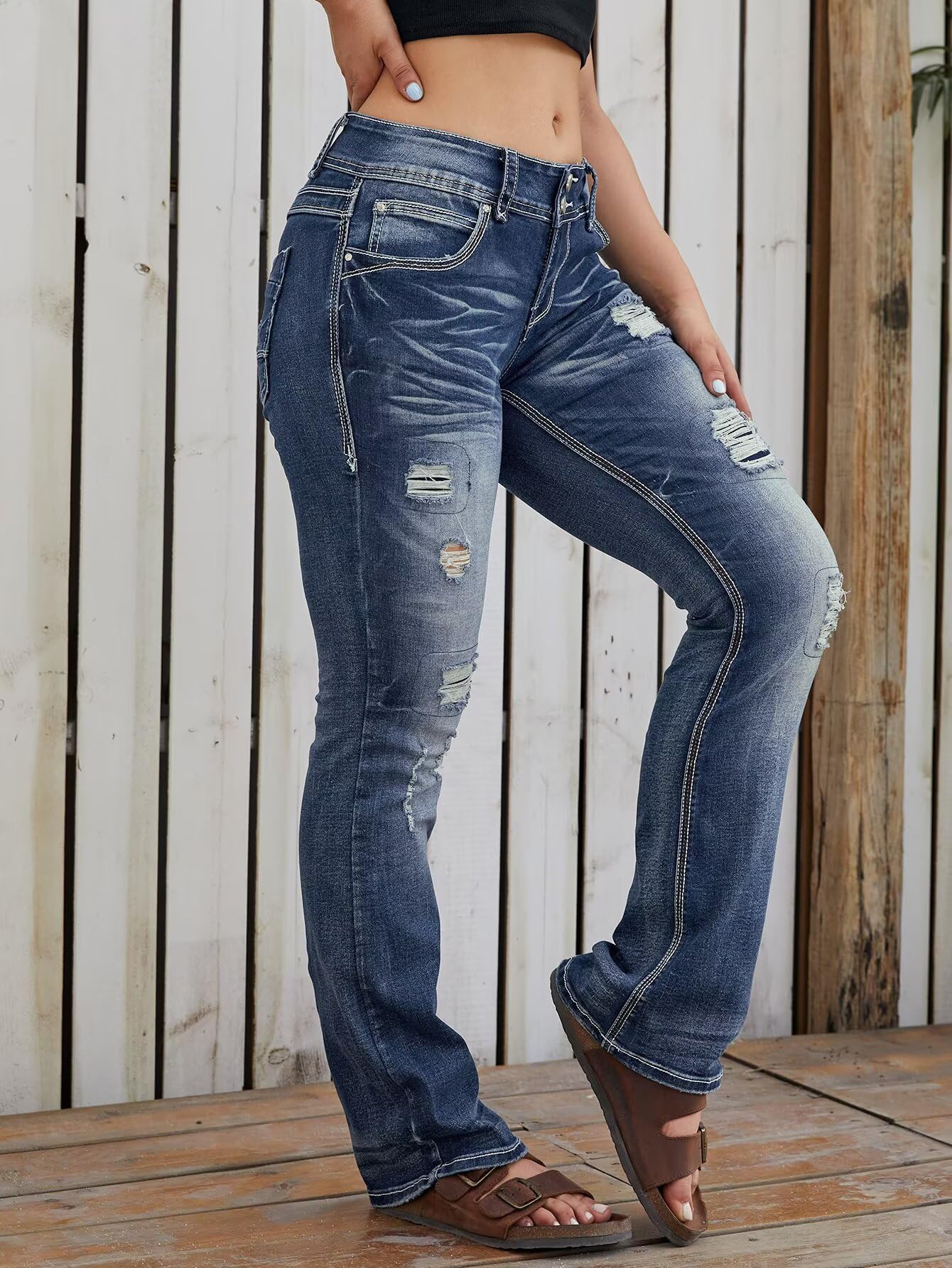 Flamingals Distressed Bootcut Jeans for Women - Low Rise Ripped Flare Denim Pants | Vintage Style Women's Jeans for Casual Wear & Night Out