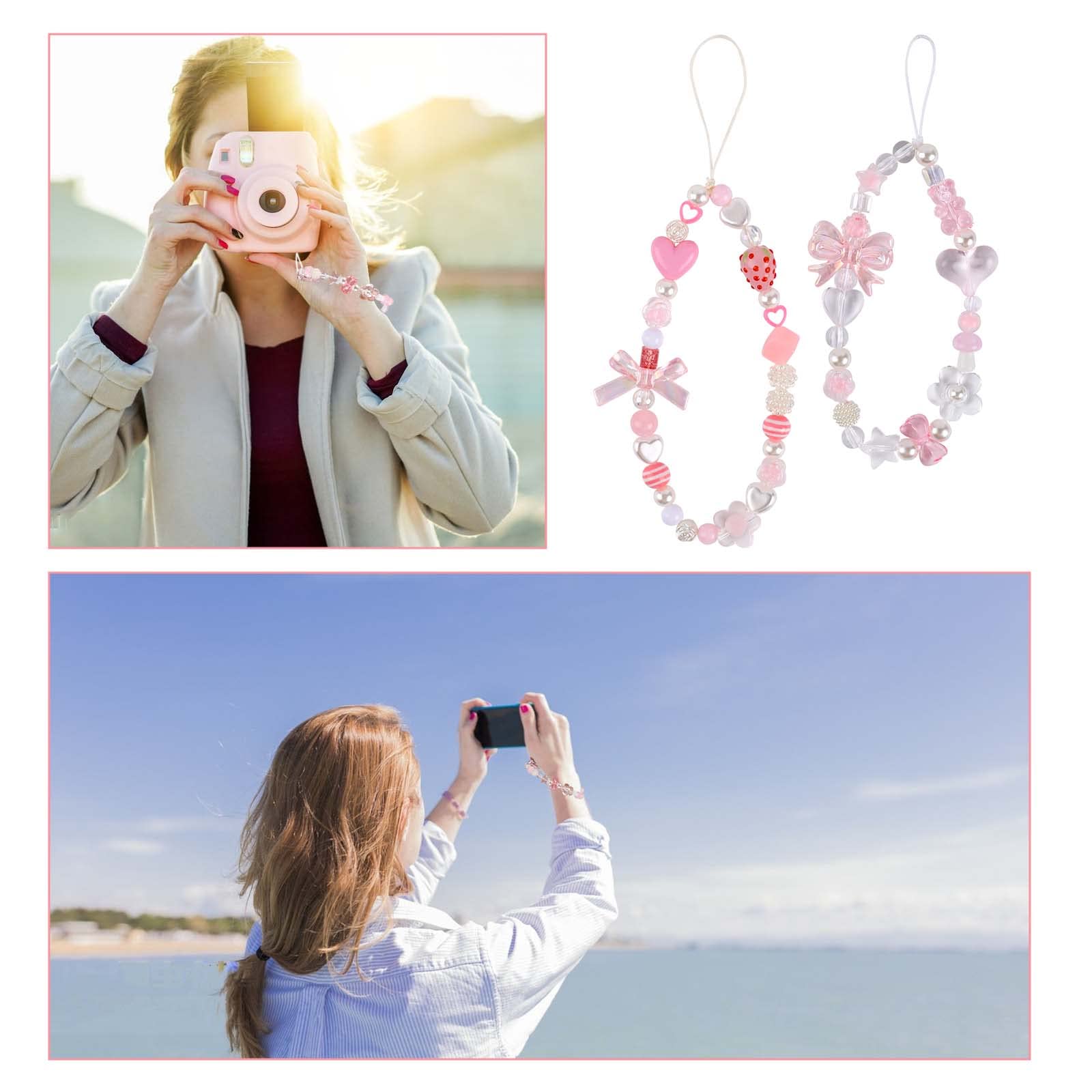 Adorable Pink Love Bow Phone Charm Lanyard - Cute Phone Strap with Beads for Women (2 Pack) - Perfect for Phone Decoration, Wrist Strap & Gift Giving