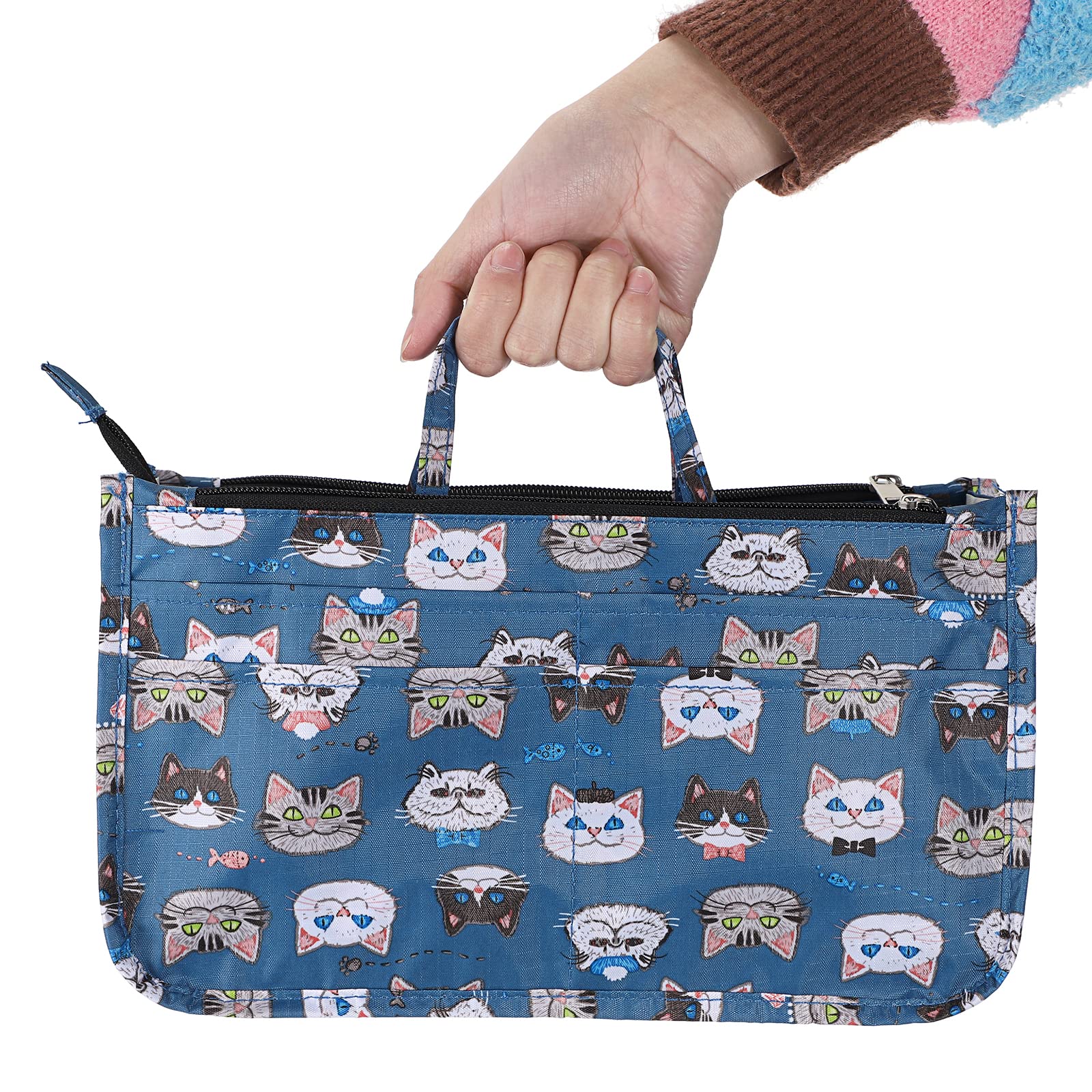 BTSKY Handbag Organizer Insert - 13 Pocket High Capacity Purse Organizer with Handle for Tote Bags | Perfect for Travel, Work, and Everyday Use (Cat Print Design)