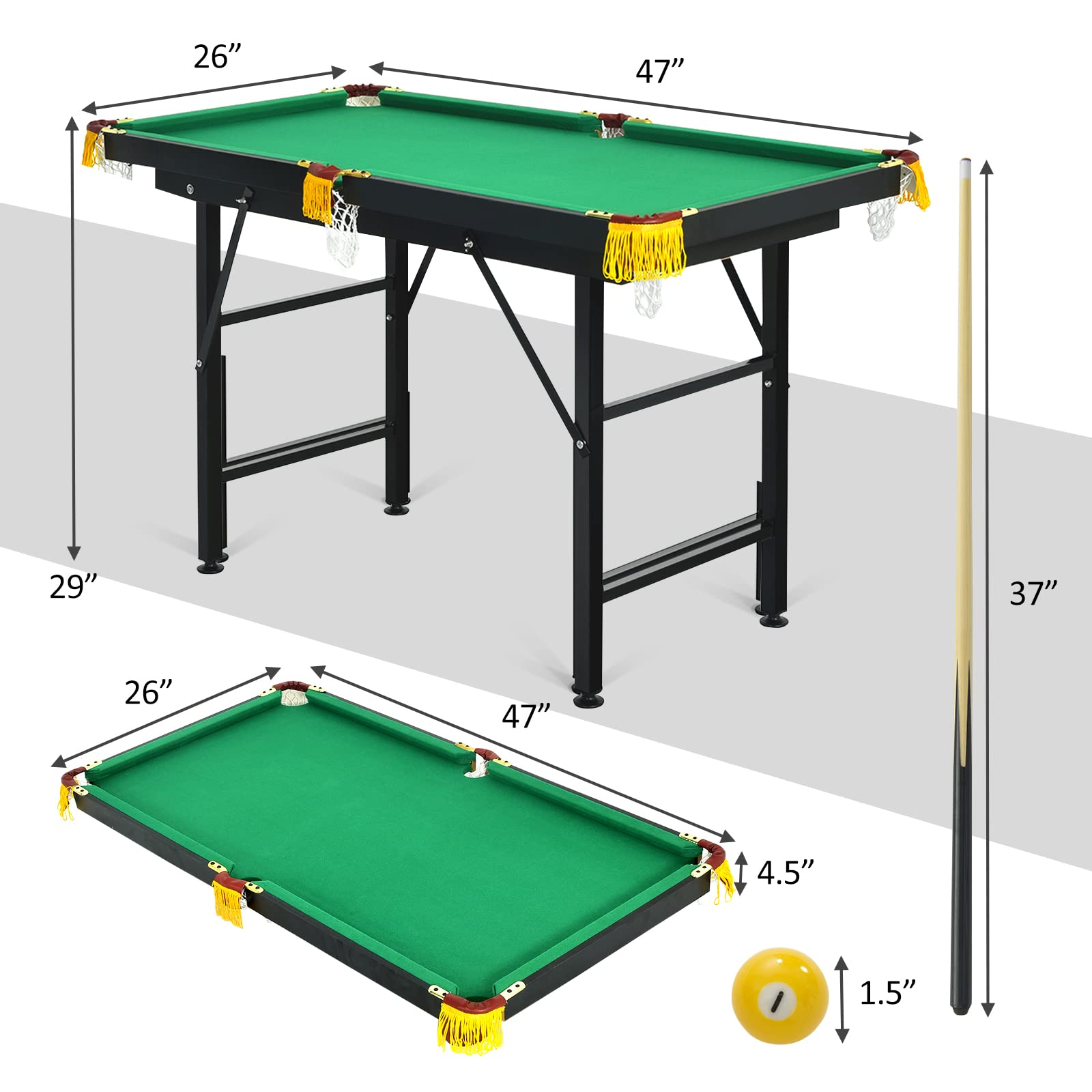 OLAKIDS 47 Inch Portable Folding Billiards Table Set - Includes 2 Billiard Cues, Balls, Triangle Rack, Brush & Chalk - Compact Pool Table for Kids, Adults, Family & Office - Perfect for Indoor Games, Birthday Gifts & Home Entertainment