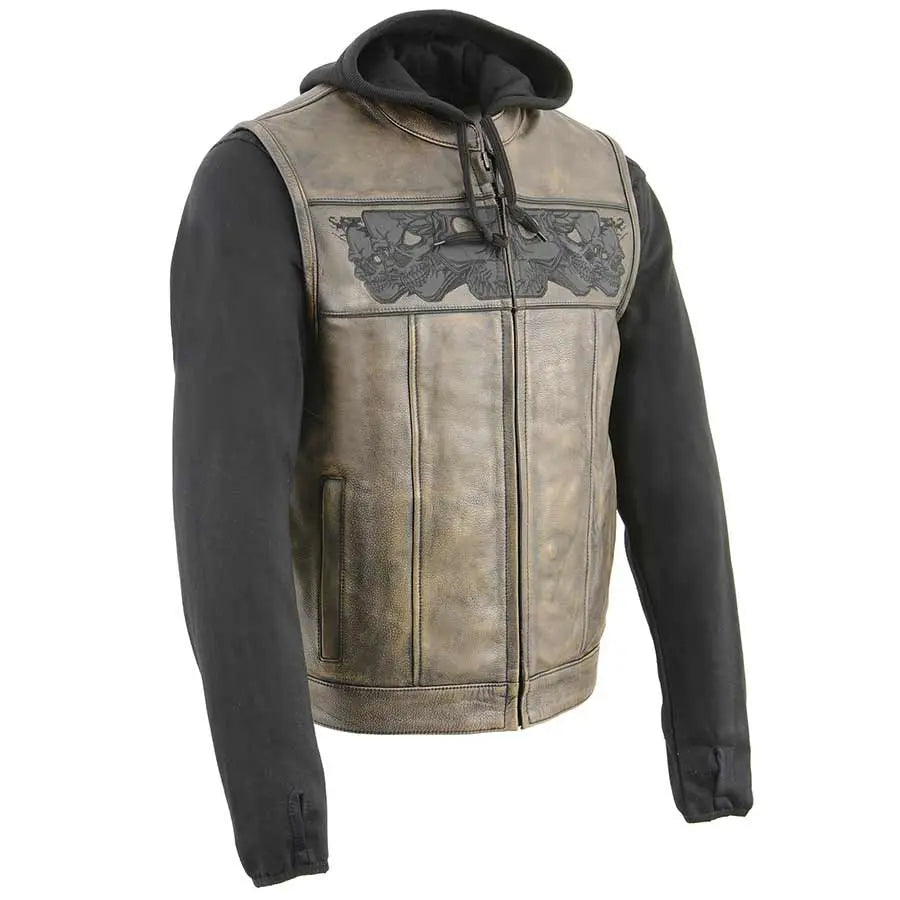 Open Road Men's Skull Print Hoodie with Leather Vest - Biker Jacket for Motorcycle Riding & Streetwear Fashion