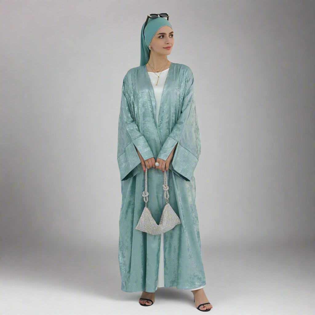 Celine Shimmer Kimono Open Abaya - Elegant Long Sleeve Muslim Dress in Mint Green for Women | Perfect for Prayer, Eid, Wedding & Special Occasions