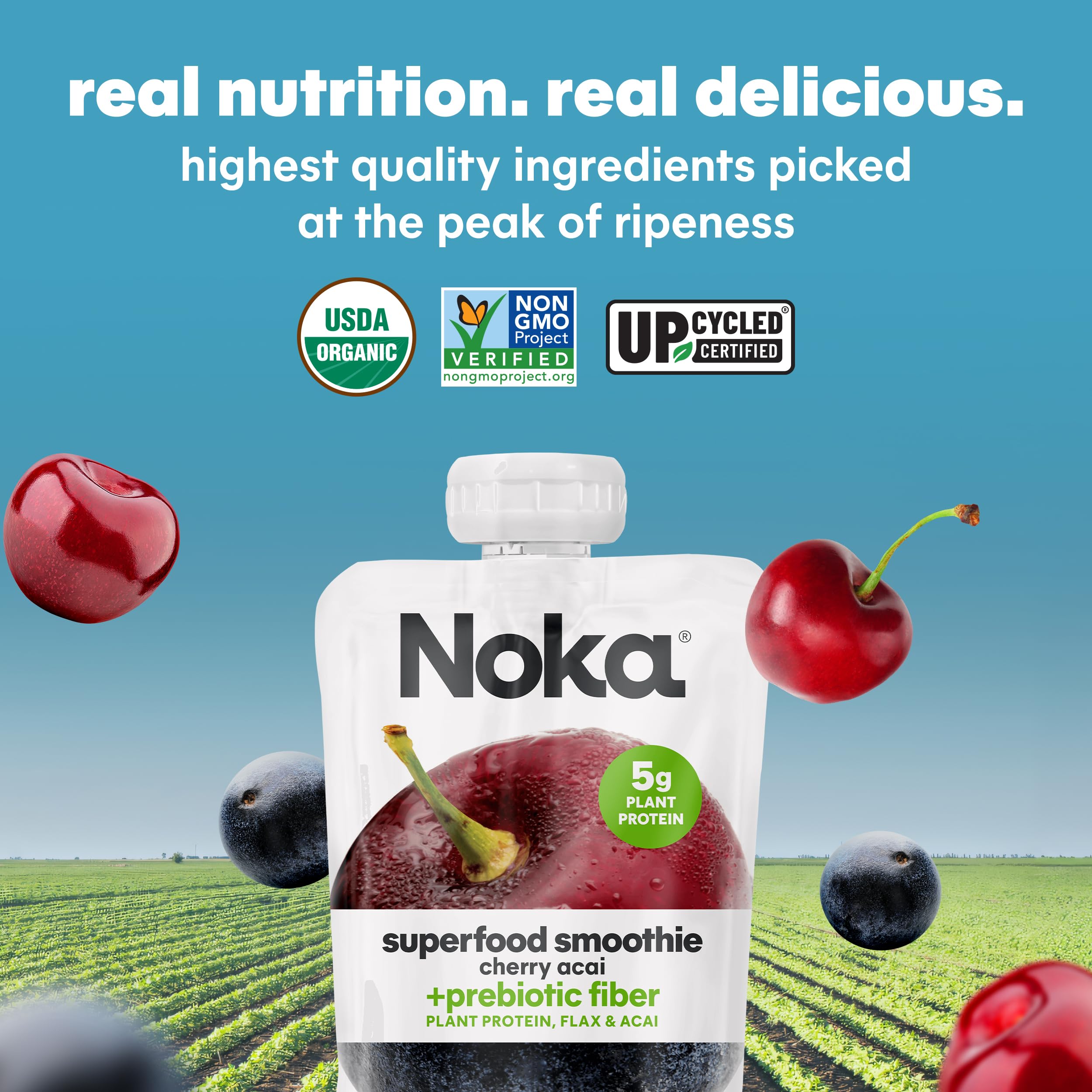 Organic Noka Superfood Fruit Smoothie Pouches - Cherry Acai Flavor with Flax Seed, Plant Protein & Prebiotic Fiber | Vegan, Gluten Free Healthy Snacks | 4.22 oz Squeeze Pouch (12 Pack) | Perfect for On-the-Go Breakfast, Post-Workout Recovery & Kids Lunch Boxes