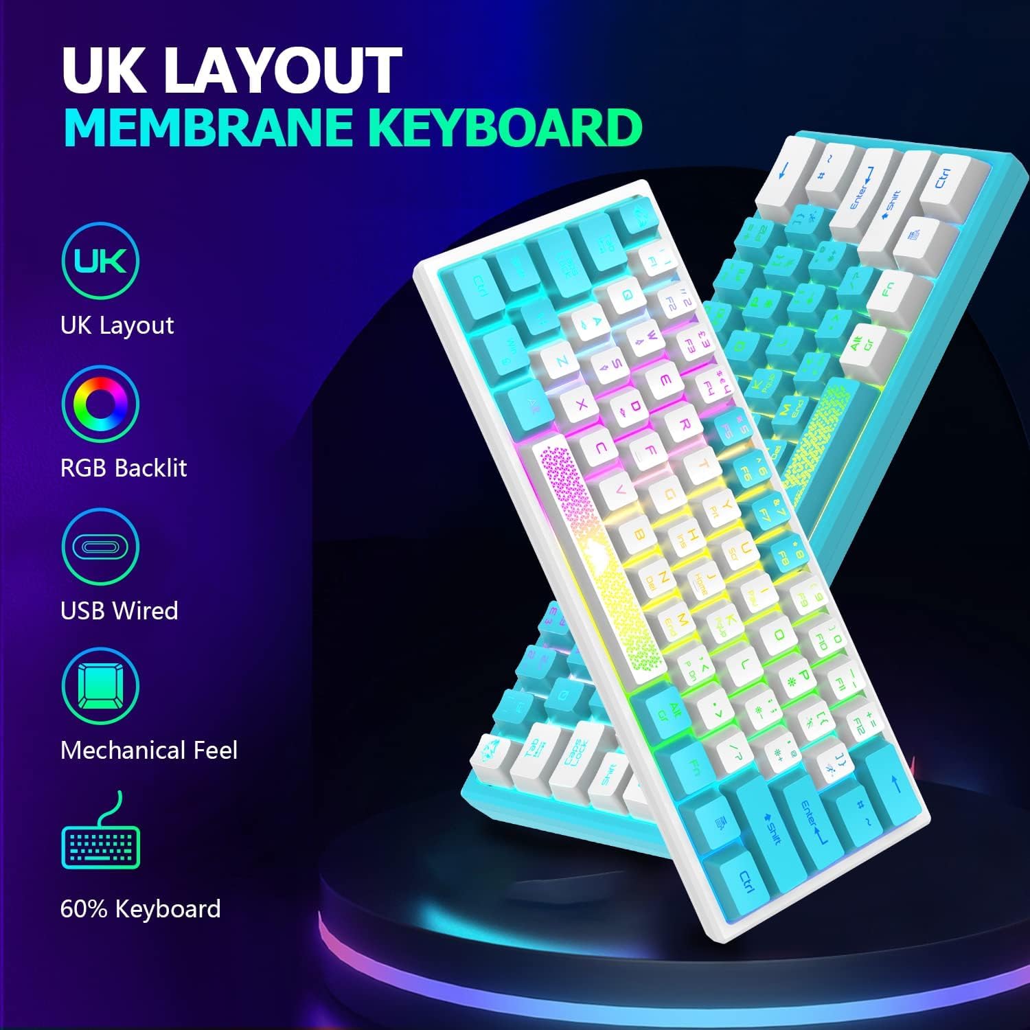 K61 60% Wired Mechanical Gaming Keyboard - UK Layout, RGB Backlit with 7 Lighting Effects, Waterproof, 19-Key Anti-Ghosting, White & Blue Keycaps for PC/MAC/Laptop - Perfect for Esports, Office Work & Typing