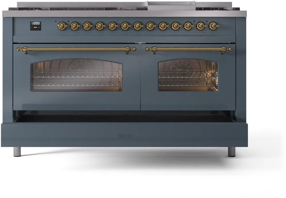 ILVE Nostalgie II 60-Inch Dual Fuel Natural Gas Range - Blue Grey with Brass Trim (UP60FNMPBGG) | Professional Kitchen Appliance for Home Chefs & Cooking Enthusiasts