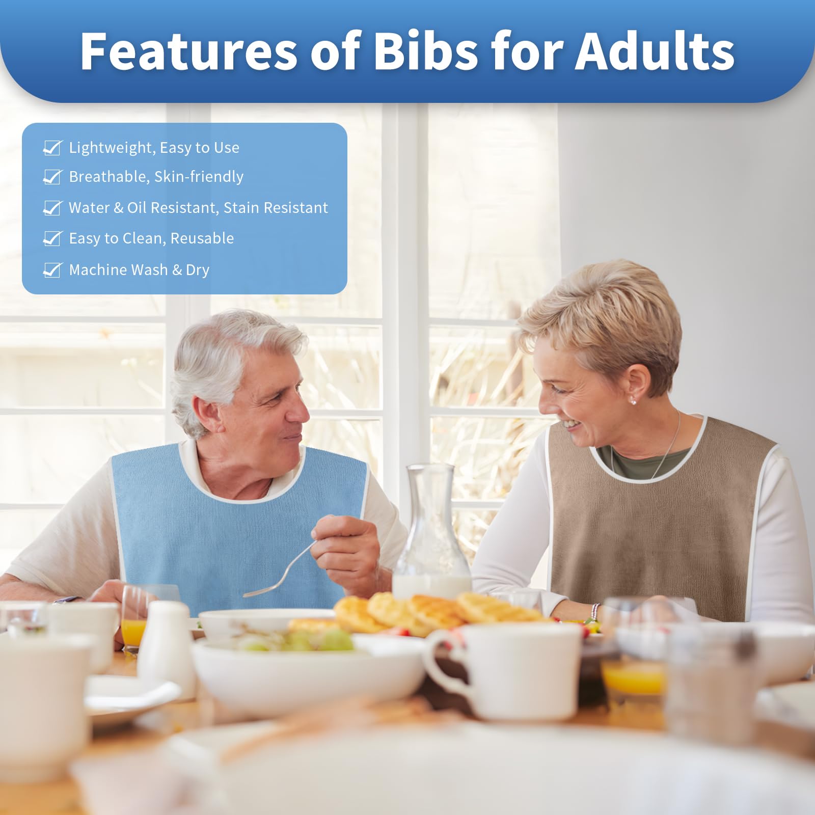 Waterproof Reusable Adult Bibs for Men, Women & Elderly - 3 Pack Adjustable Washable Clothing Protector with Crumb Catcher (Blue, Grey, Brown) - Ideal for Dining, Nursing Homes & Disability Care
