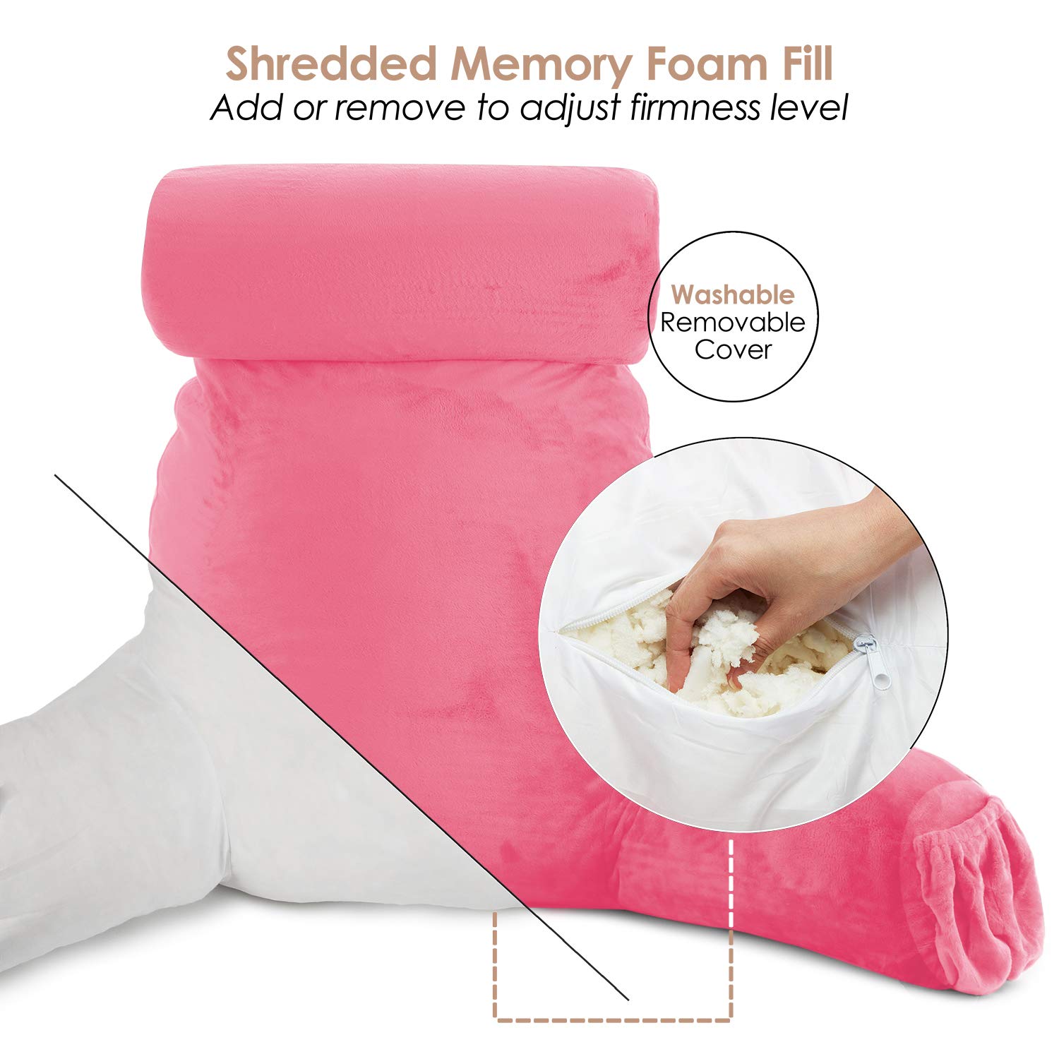 Nestl Large Reading Pillow with Shredded Memory Foam - Back Support Pillow for Sitting in Bed, Armchair or Sofa - Light Pink Bed Rest Pillow with Pockets - Perfect for Reading, Watching TV, or Relaxing in Bed