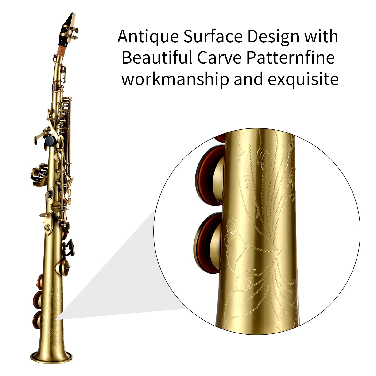 Professional Bb Soprano Saxophone - Straight Brass Woodwind Instrument with Nickel Plating, Carved Pattern, Carrying Case, Mouthpiece & Reed Cleaning Kit | Perfect for Jazz Bands, School Performances & Solo Practice