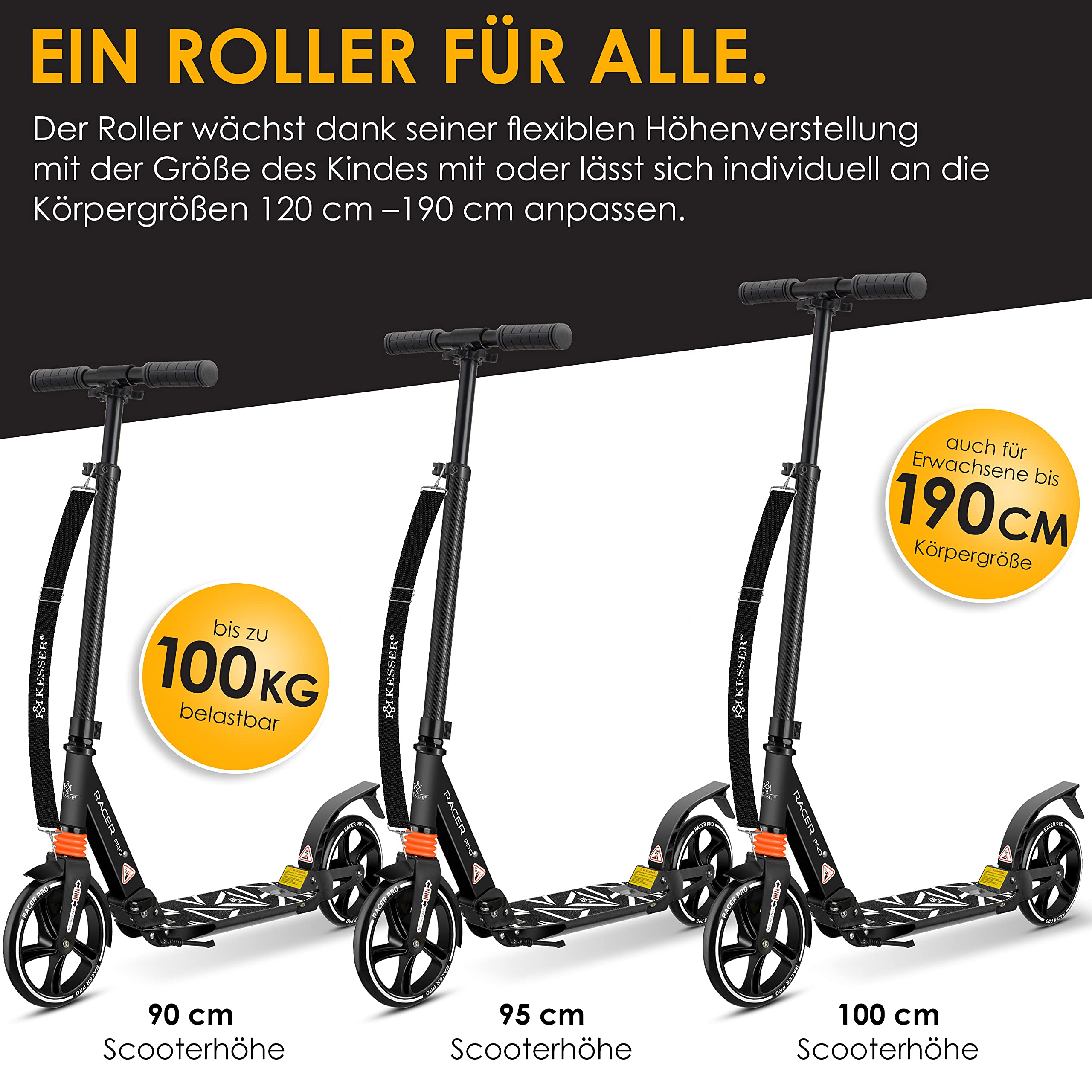 KESSER® PRO-S City Scooter with 205mm PU Big Wheels & Dual Suspension - Foldable, Adjustable Height Urban Scooter for Adults & Kids - Perfect for Commuting, Campus Travel & City Adventures