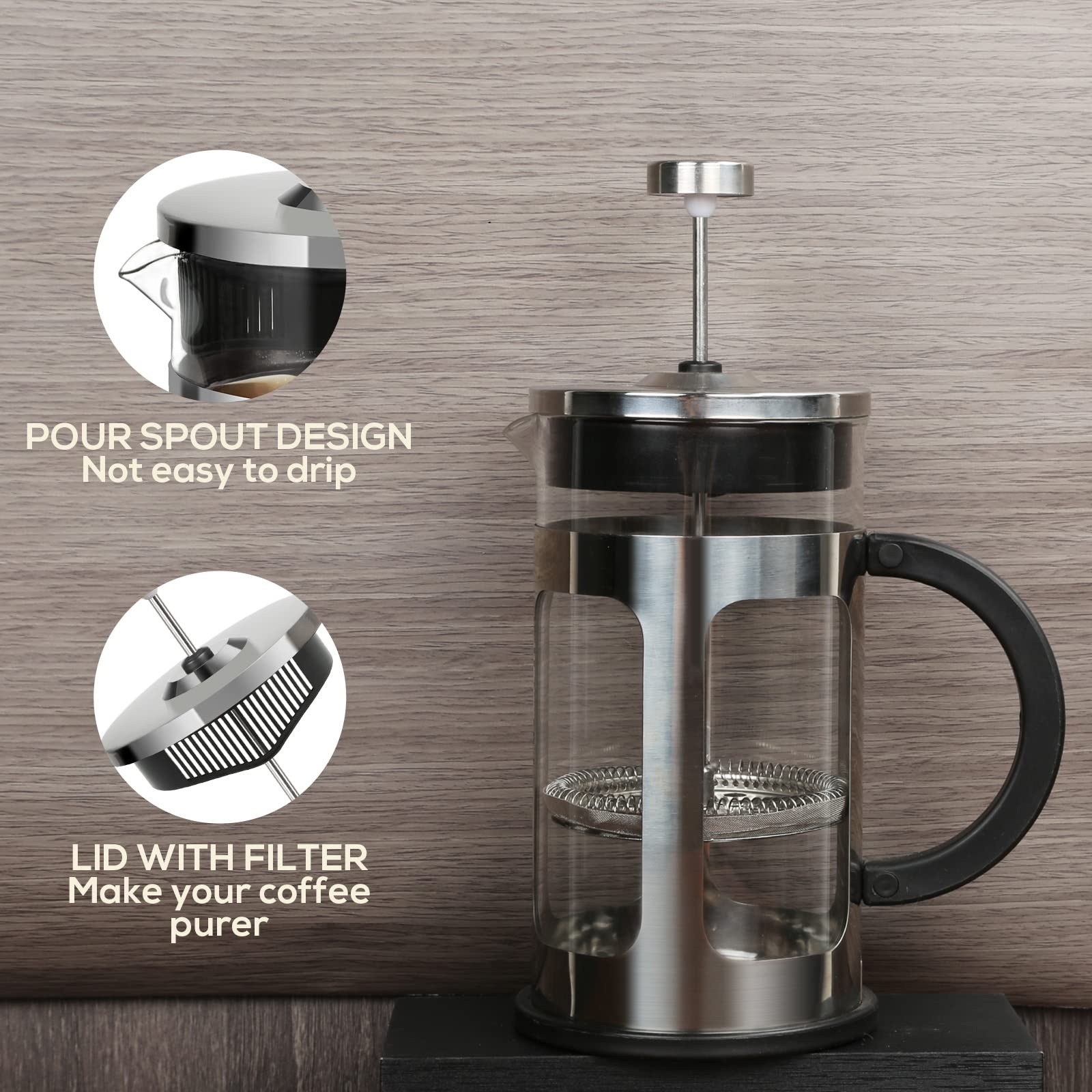 FAVIA 34oz French Press Coffee Maker - Heat Resistant Borosilicate Glass & Stainless Steel Filter - Perfect for Home, Office, Camping & Travel (34 Ounce, Silver)