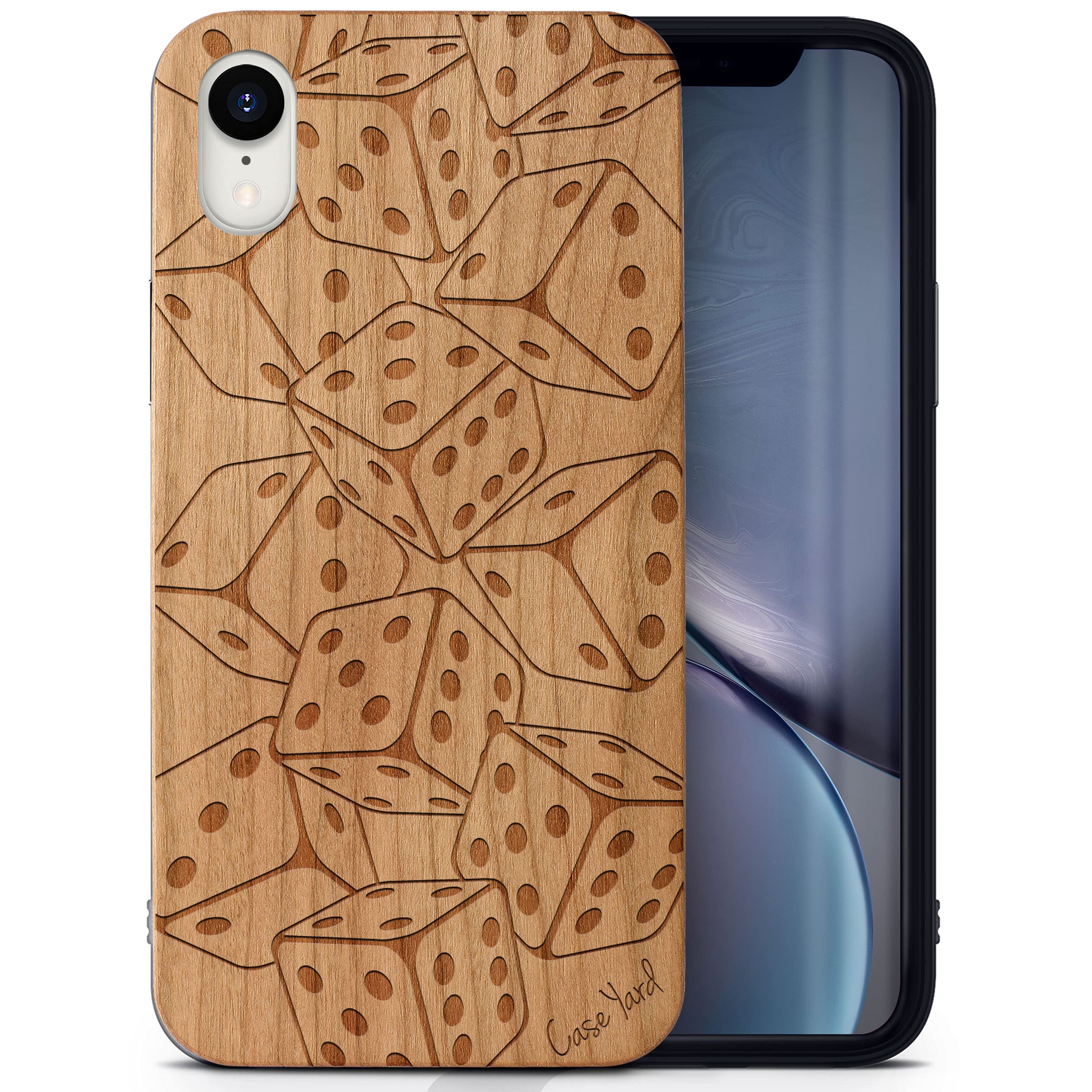 CaseYard Cherry Wood iPhone XR Case - Laser Engraved Falling Dices Design | Slim Fit Shockproof Protective Cover for Men & Women | Perfect for Everyday Use, Travel & Gift Giving