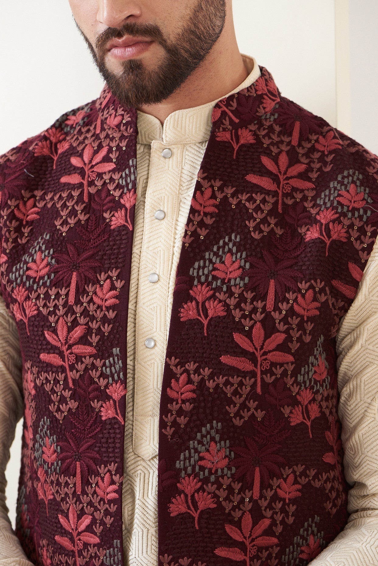 Elegant Maroon Embroidered Long Jacket for Women - Stylish Winter Coat with Intricate Designs - Perfect for Parties, Weddings & Cold Weather Fashion