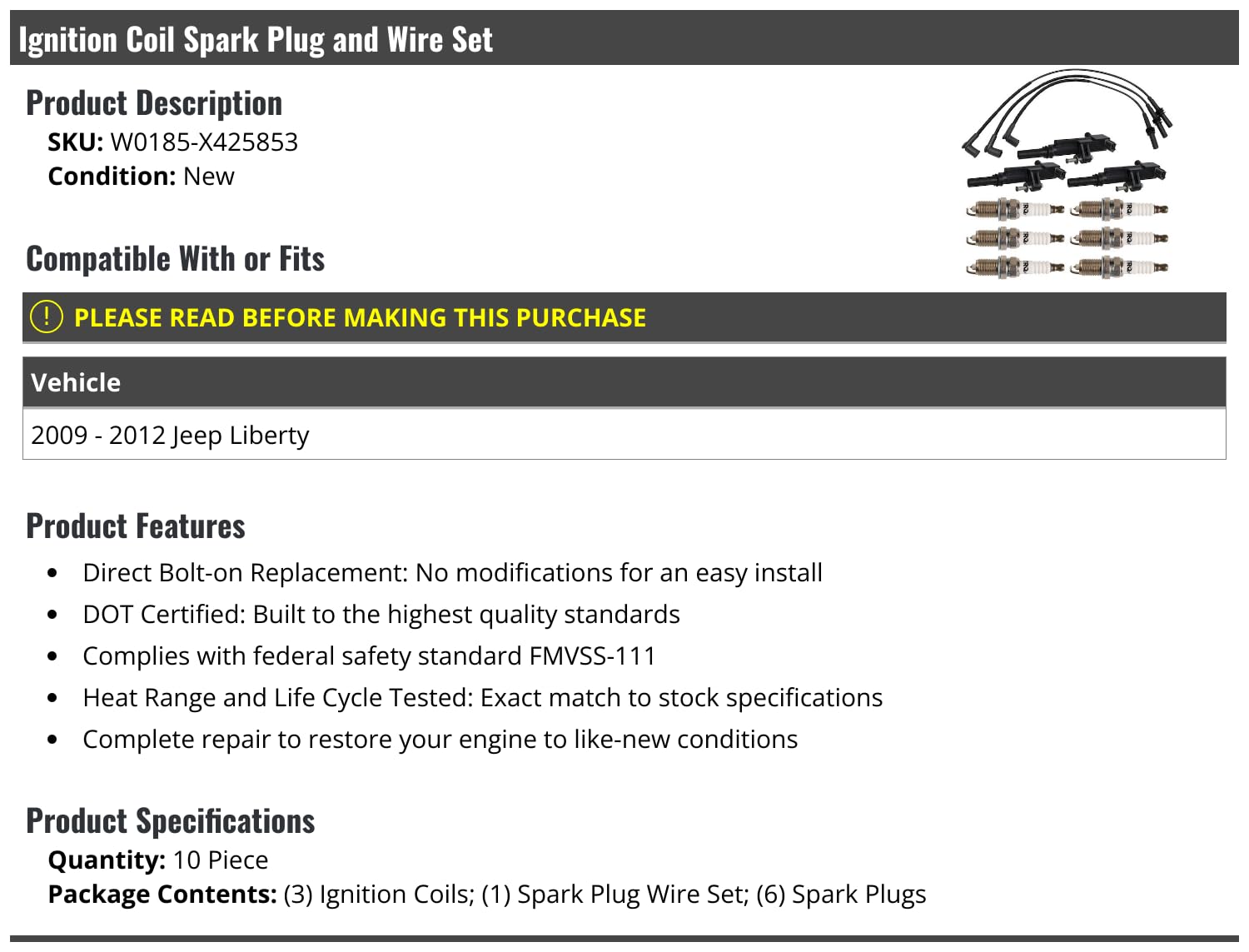 High-Performance Ignition Coil Pack, Spark Plug & Wire Kit - 12-Piece Set for 2009-2012 Jeep Liberty - Improves Engine Power & Fuel Efficiency - Perfect for Off-Roading & Daily Commuting