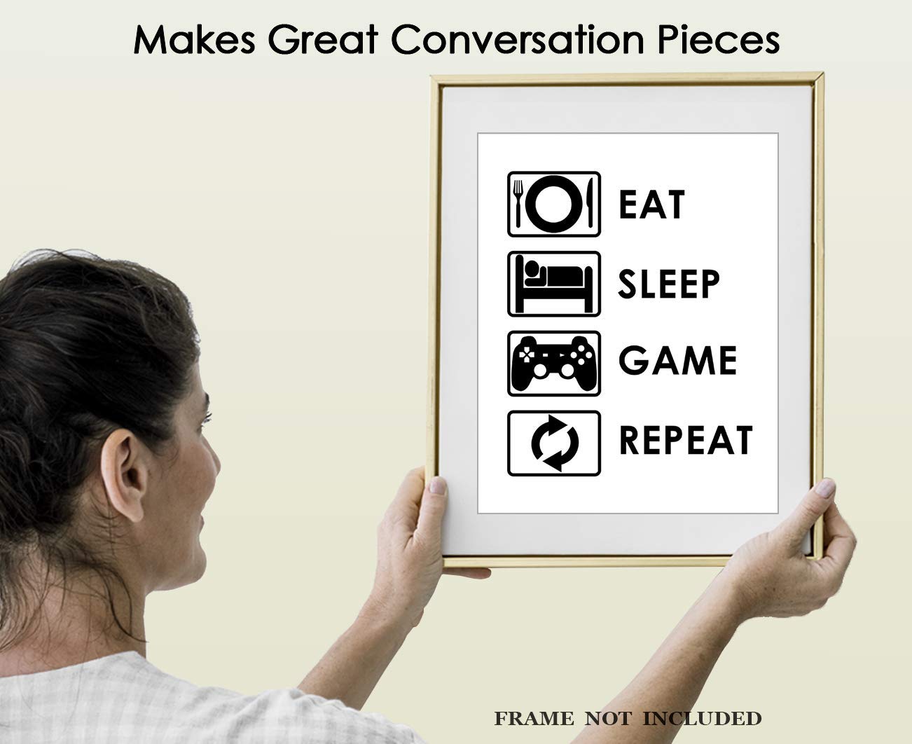 Eat Sleep Game Repeat Typography Wall Art Print - Funny Bathroom Decor & Gamer Gift - 8x10 Unframed Poster - Perfect for Gaming Room, Man Cave or Teen Bedroom Decor