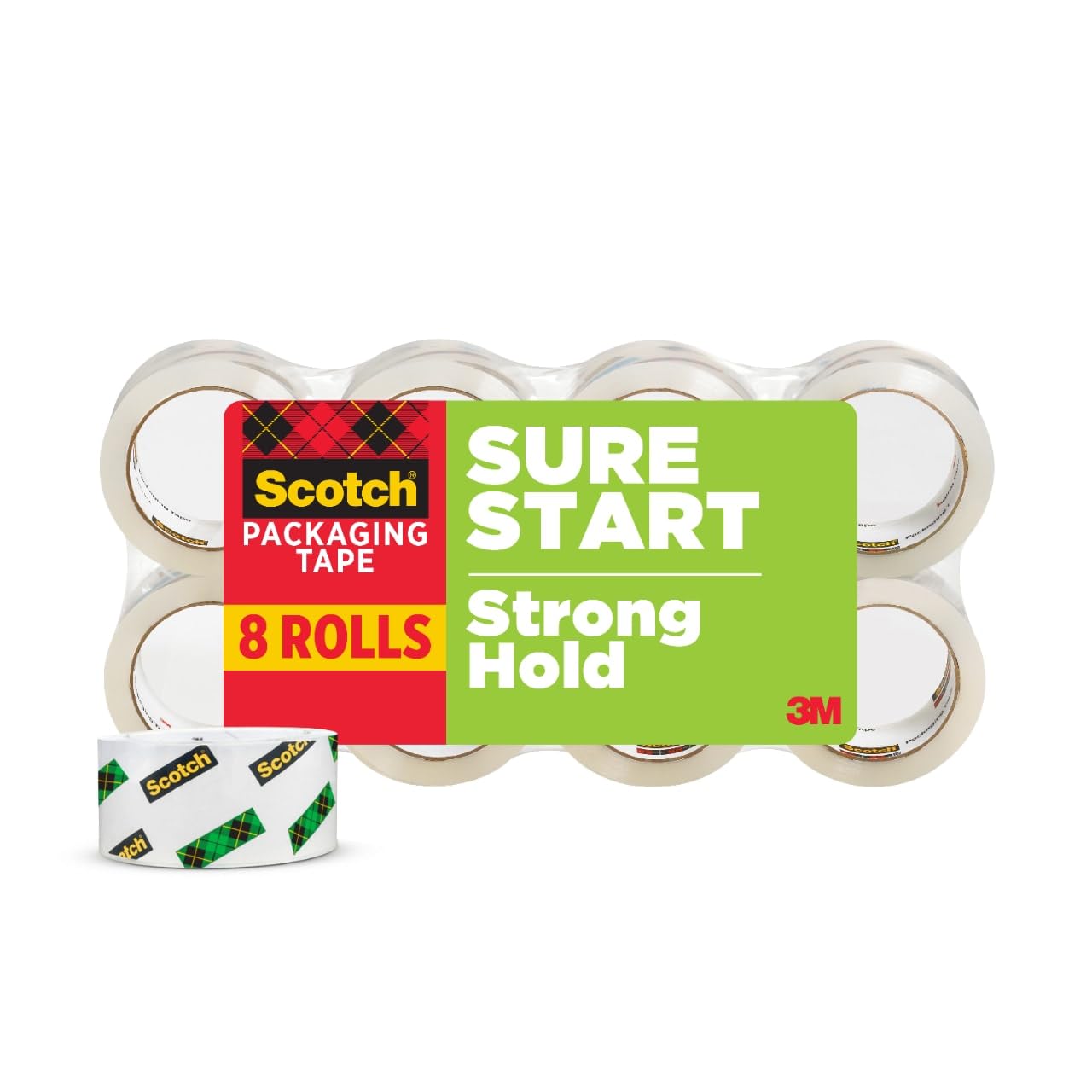 Scotch Sure Start Packing Tape - 1.88 Inch x 54.6 Yard, 8 Rolls - Clear, Quiet Unwind, Easy Start - Perfect for Shipping Boxes, Moving & Packaging Supplies