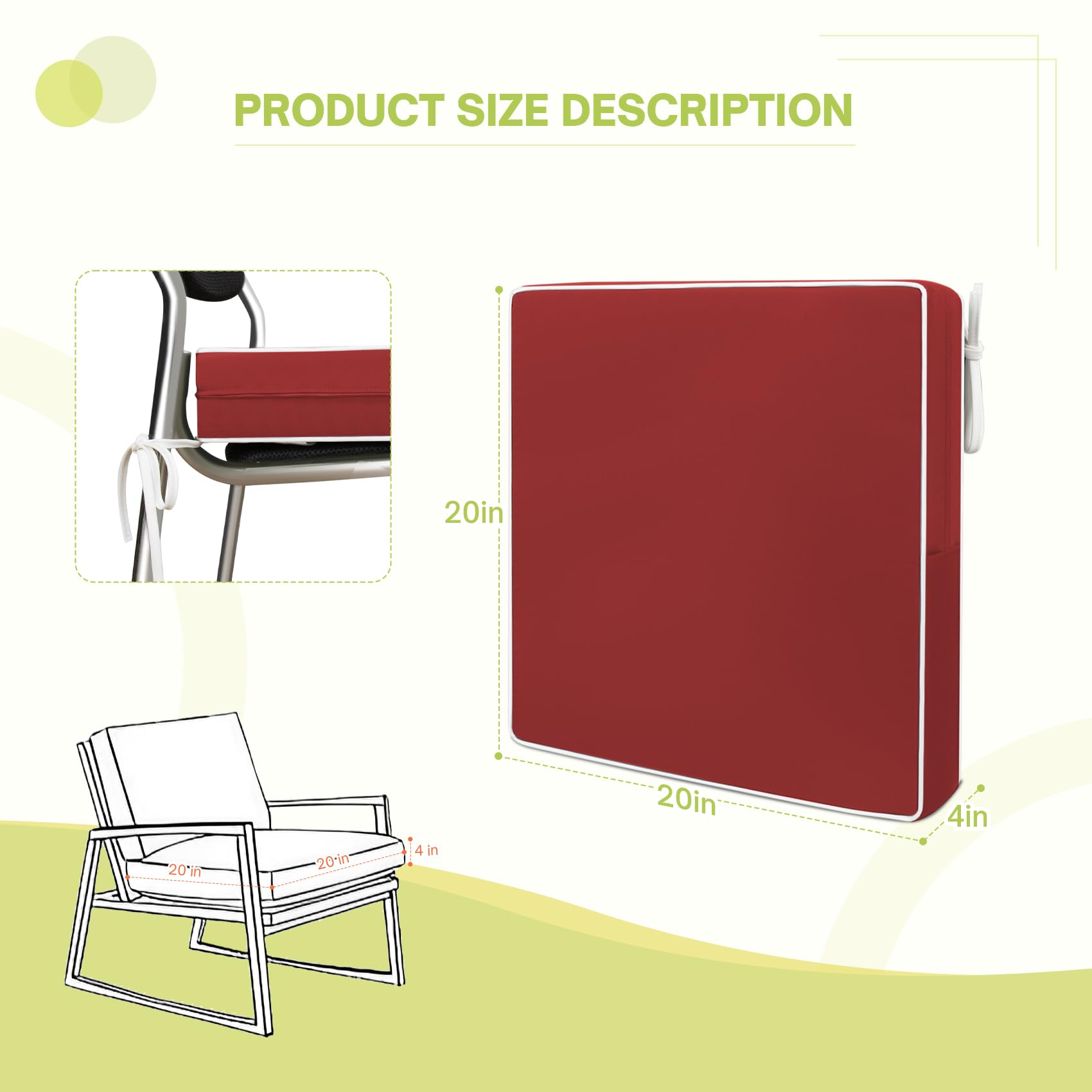 Premium Outdoor Chair Cushions Set of 2 - 20x20 Inch Waterproof Patio Seat Cushions with Hidden Zipper, All-Weather Durable Furniture Cushions for Garden, Poolside, Deck & Backyard Relaxation