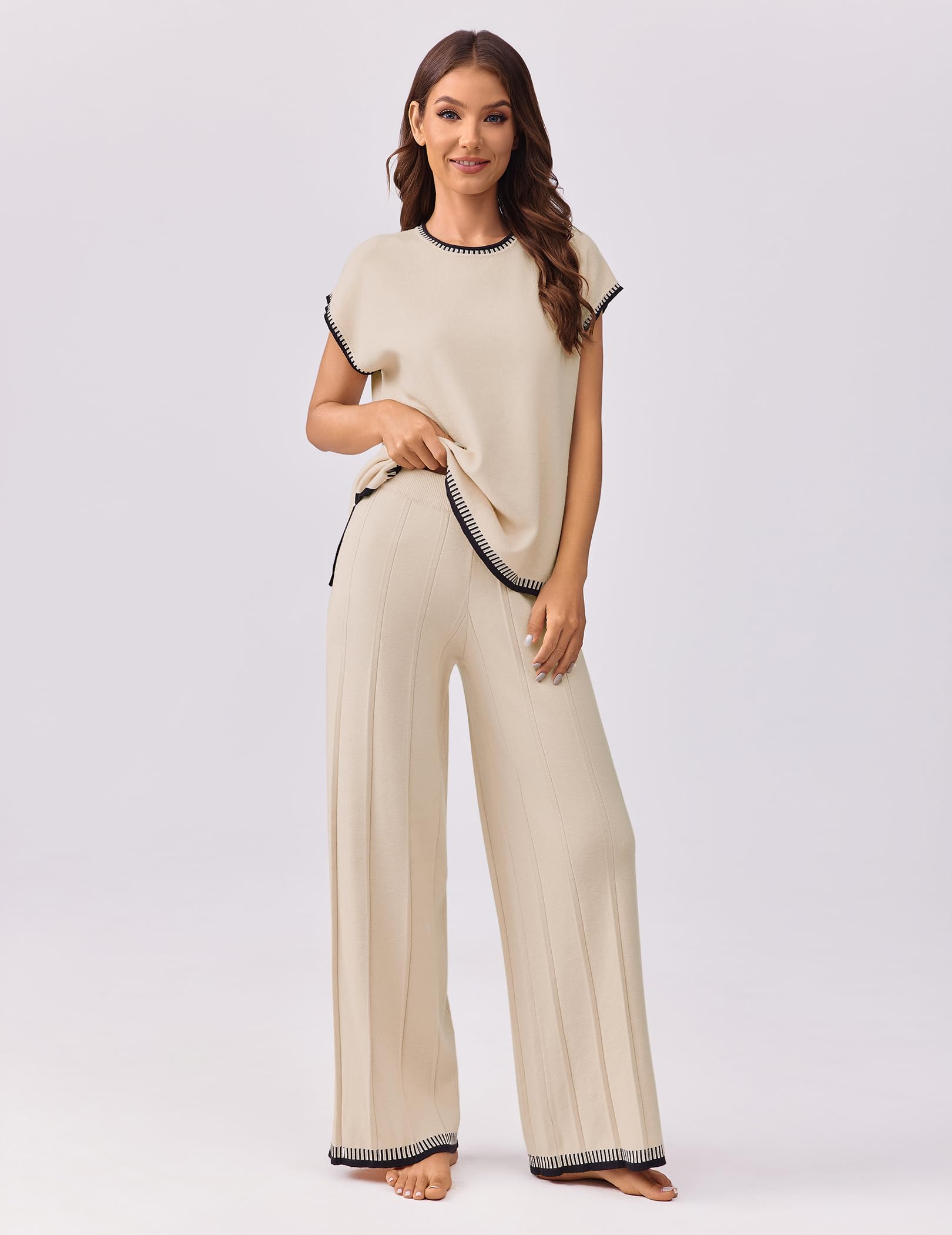 Ekouaer Women's Matching Knit Sweater Set - 2 Piece Pullover Top & Wide Leg Pants Lounge Outfit | Cozy Winter Loungewear for Home, Travel & Casual Wear