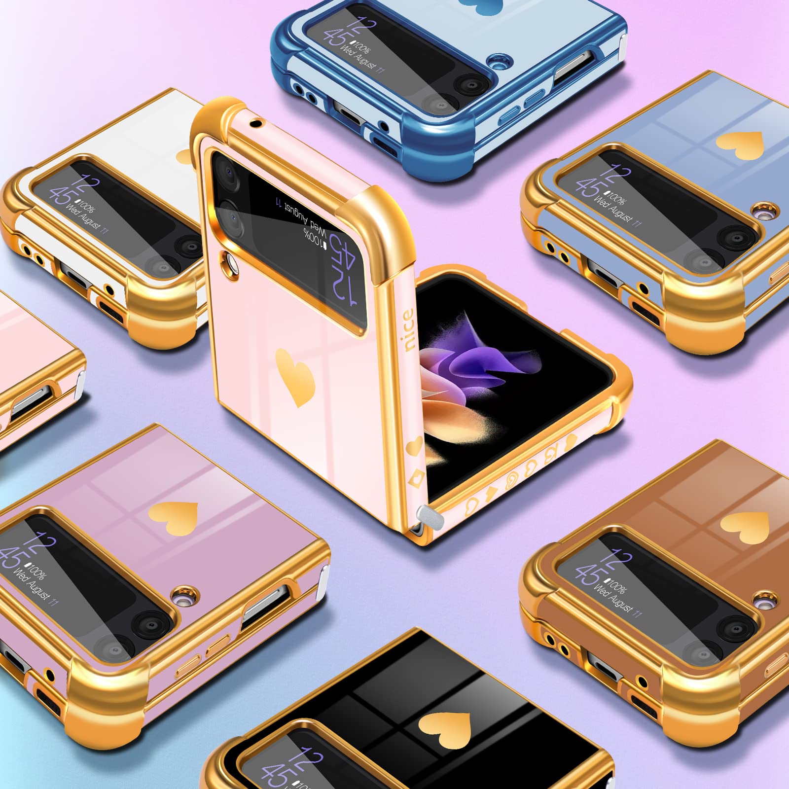 Luxury Gold Plated Heart Design Samsung Galaxy Z Flip 3 Phone Case - Trendy Aesthetic Cover with Chain for Women & Girls | Perfect for Daily Use, Parties & Special Occasions | Compatible with Galaxy Z Flip 3 5G 6.7