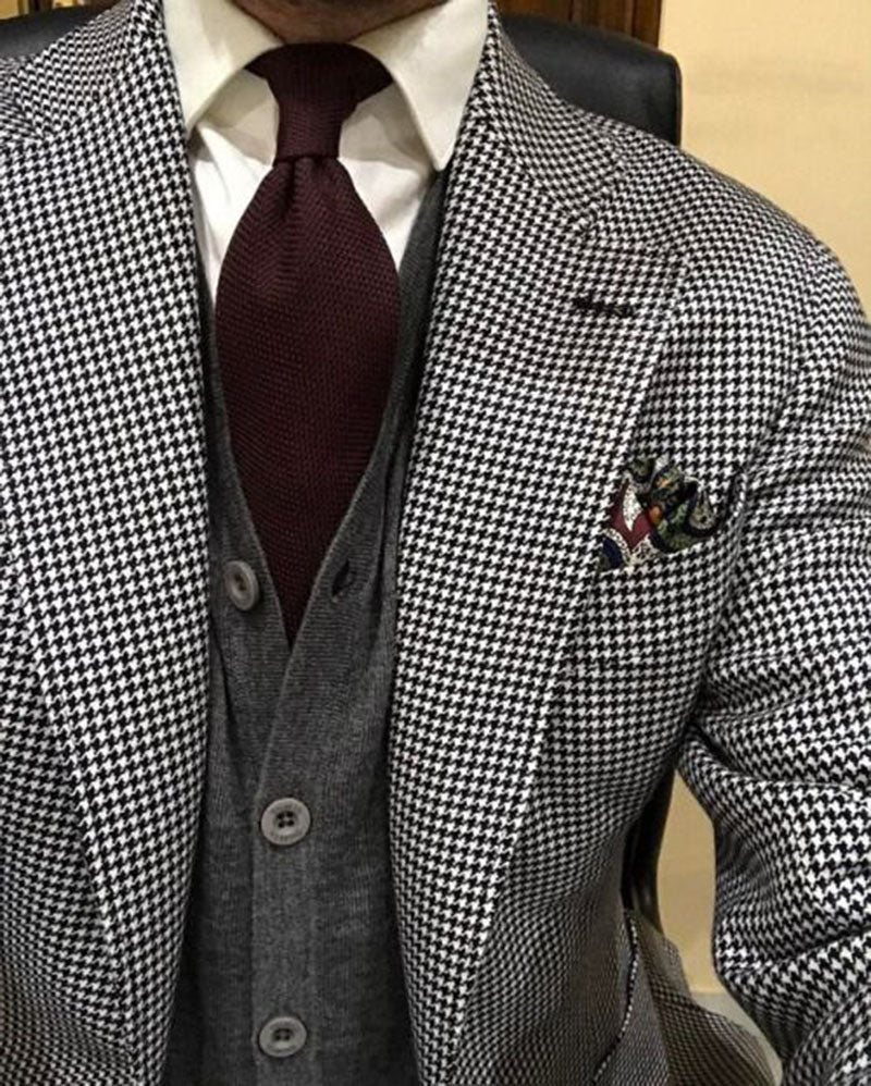 Houndstooth Men's Blazer Suits 2023 - 2 Piece Tuxedo Set (Jacket & Black Pants) for Weddings, Business Meetings & Formal Events