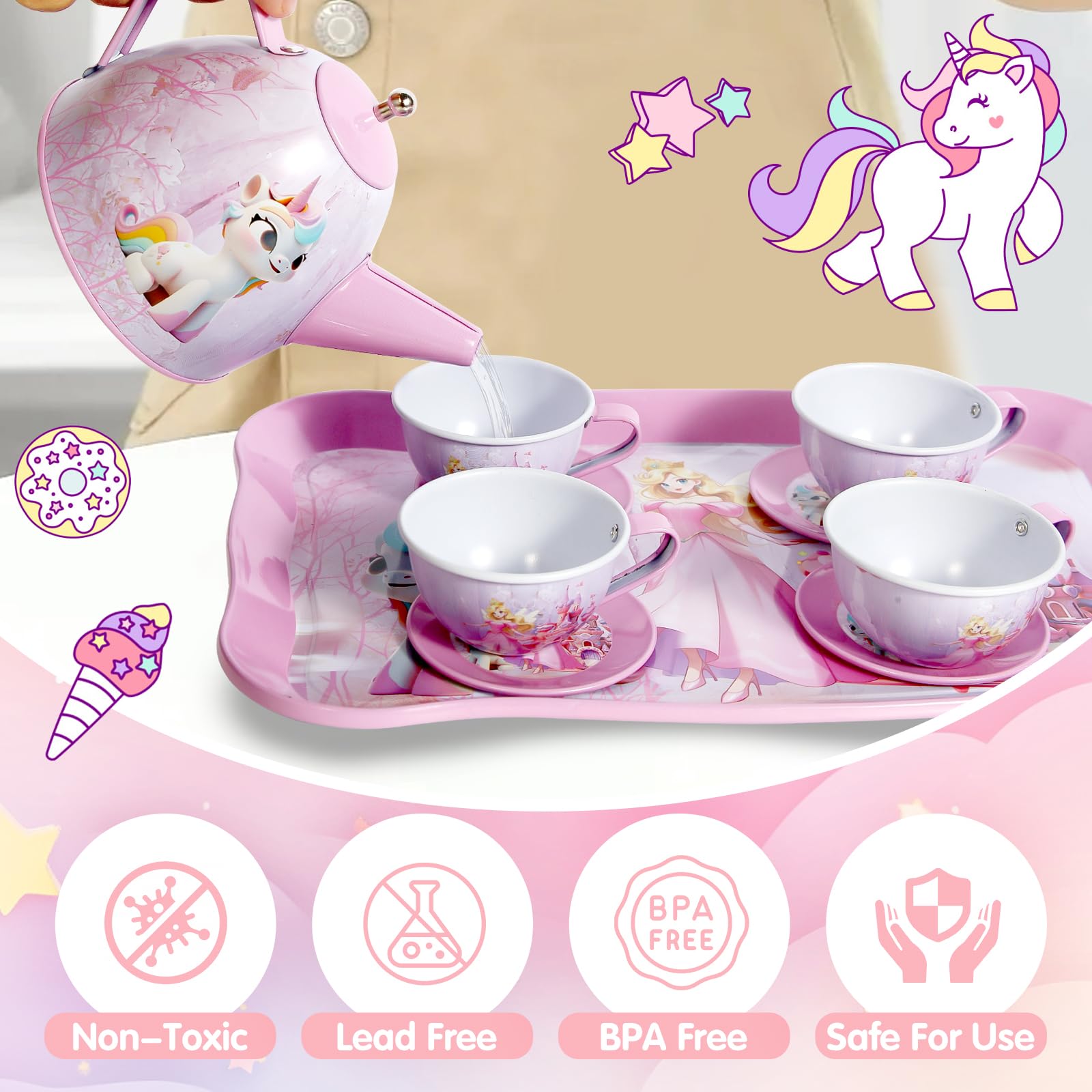 Unicorn Tea Party Set for Girls - Princess Tea Time Play Kitchen Toy with Tin Teapot, Desserts, Cookies, Donut & Cake Tray | Perfect Birthday Gift for Kids Ages 3-8 | Pretend Play, Tea Parties & Imaginative Fun