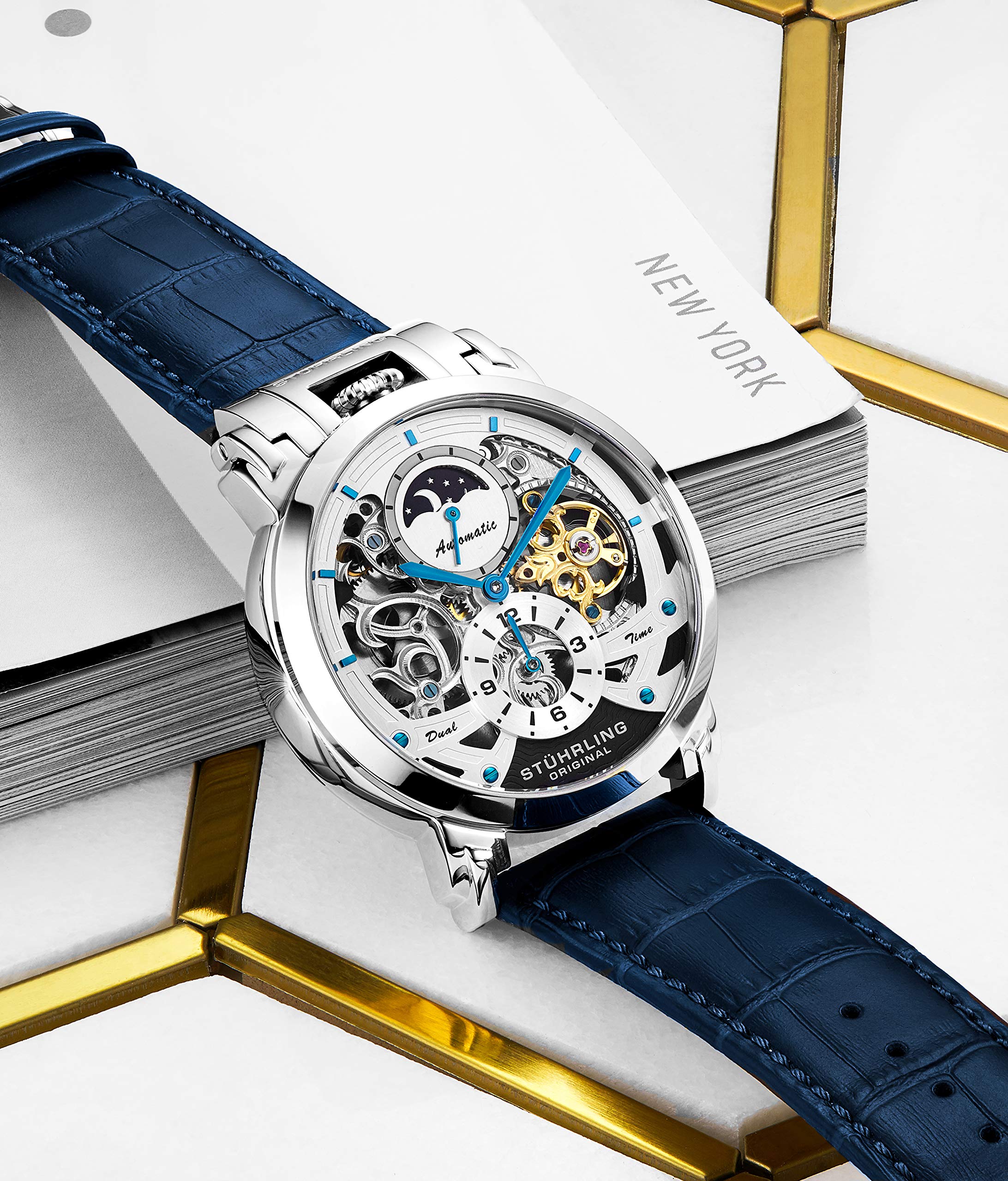 Stuhrling Original Men's Automatic Skeleton Watch - Luxury Leather Dress Watch with Stainless Steel Case - Self-Winding Mechanical Analog Watch for Men - Perfect for Business, Formal Events & Everyday Wear