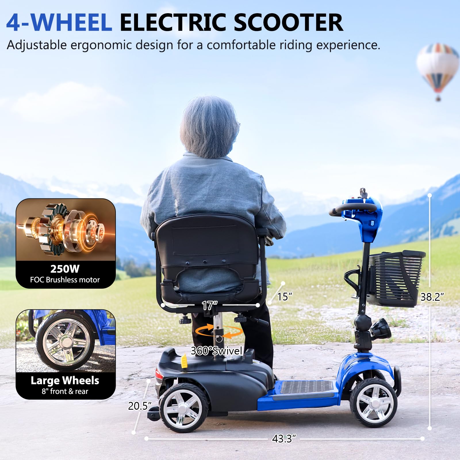 Foldable 4 Wheel Mobility Scooters for Adults & Seniors - 265 lbs Weight Capacity, 14 Miles Range, 5 MPH Speed - Extended Battery with Charger, Basket & LED Light (Blue) - Ideal for Shopping, Travel & Outdoor Activities