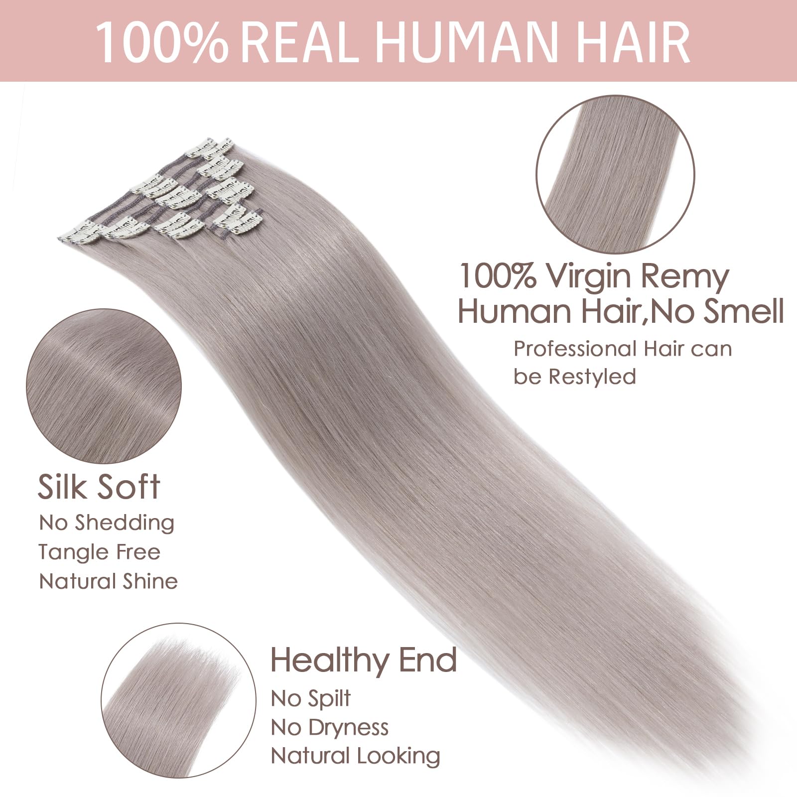 10 Inch Real Human Hair Clip in Hair Extensions - 100% Remy Straight Grey Hair - 8 PCS 50g Thin Weft for Natural Look | Perfect for Daily Wear, Parties & Special Occasions