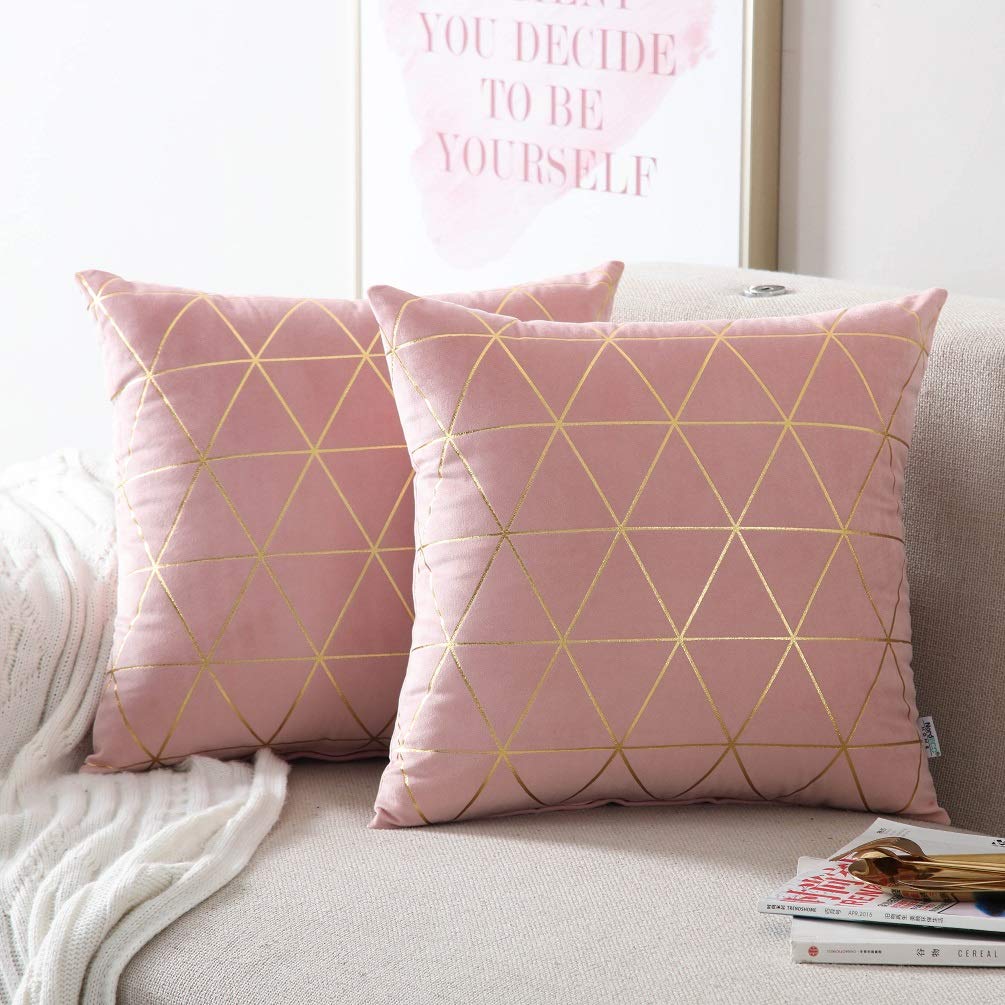 2 Pack 18x18 Inch Square Throw Pillow Covers - Soft Decorative Cushion Cases in Pink & Gold for Living Room, Bedroom, Sofa Decor