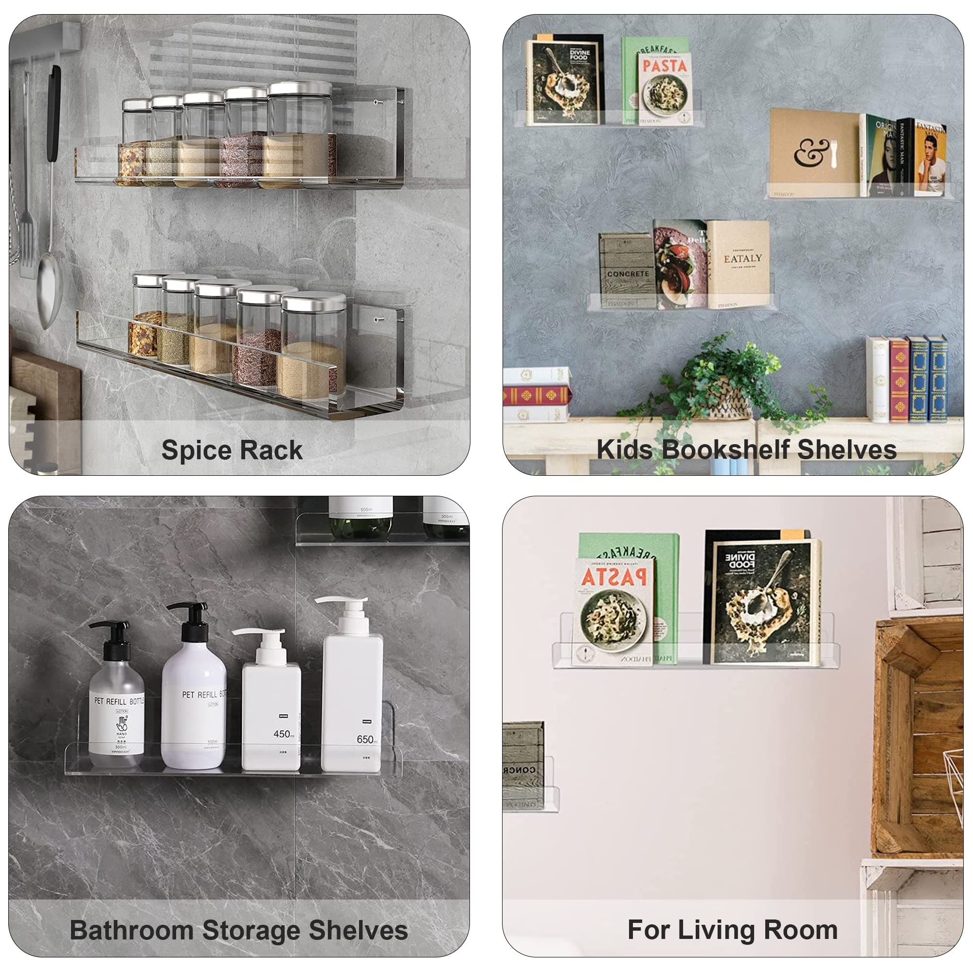 15 Inch Clear Acrylic Floating Wall Shelf - Set of 2 | Invisible Bookshelf for Nursery, Bathroom & Office | 5MM Thick Wall Mounted Display Ledge for Books, Toys, Spices & Decor | Modern Home Storage Solution
