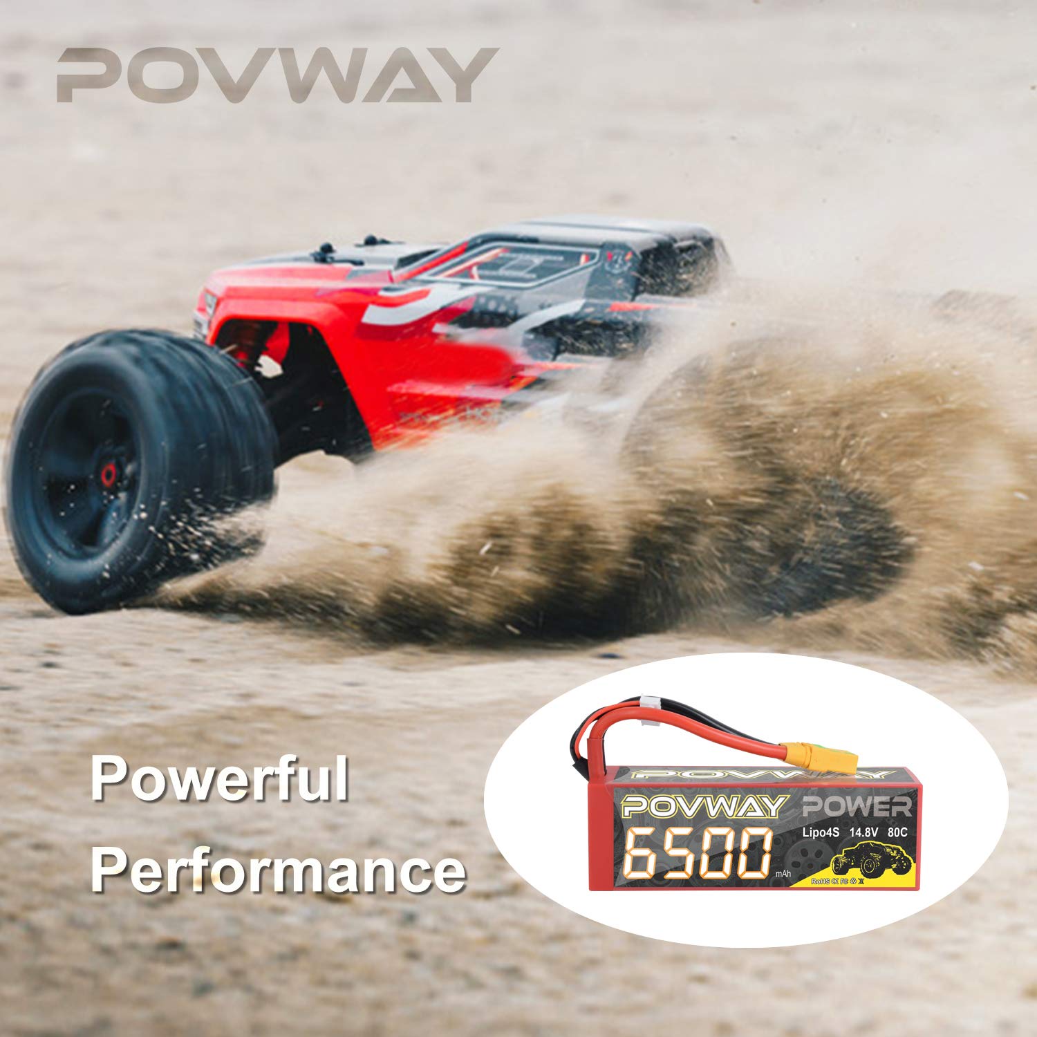4S 6500mAh 14.8V 80C Lipo Battery with XT90 Connector - High Performance RC Battery for 1/8 & 1/10 Scale Vehicles, RC Cars, Trucks, Truggies - Perfect for Off-Road Racing, Bashing and Long Run Time