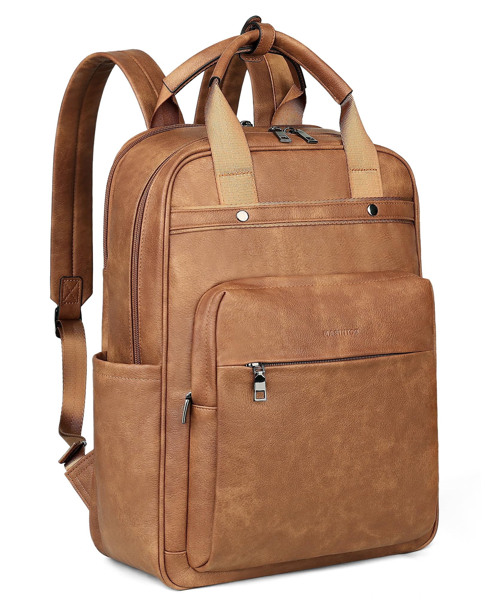 MASINTOR Genuine Leather Laptop Backpack for Women - 15.6 Inch Stylish Business Backpack with USB Charging Port - Perfect for College, Work & Travel (Mocha Brown) - Ideal for Office Commute, Business Trips & Daily Use