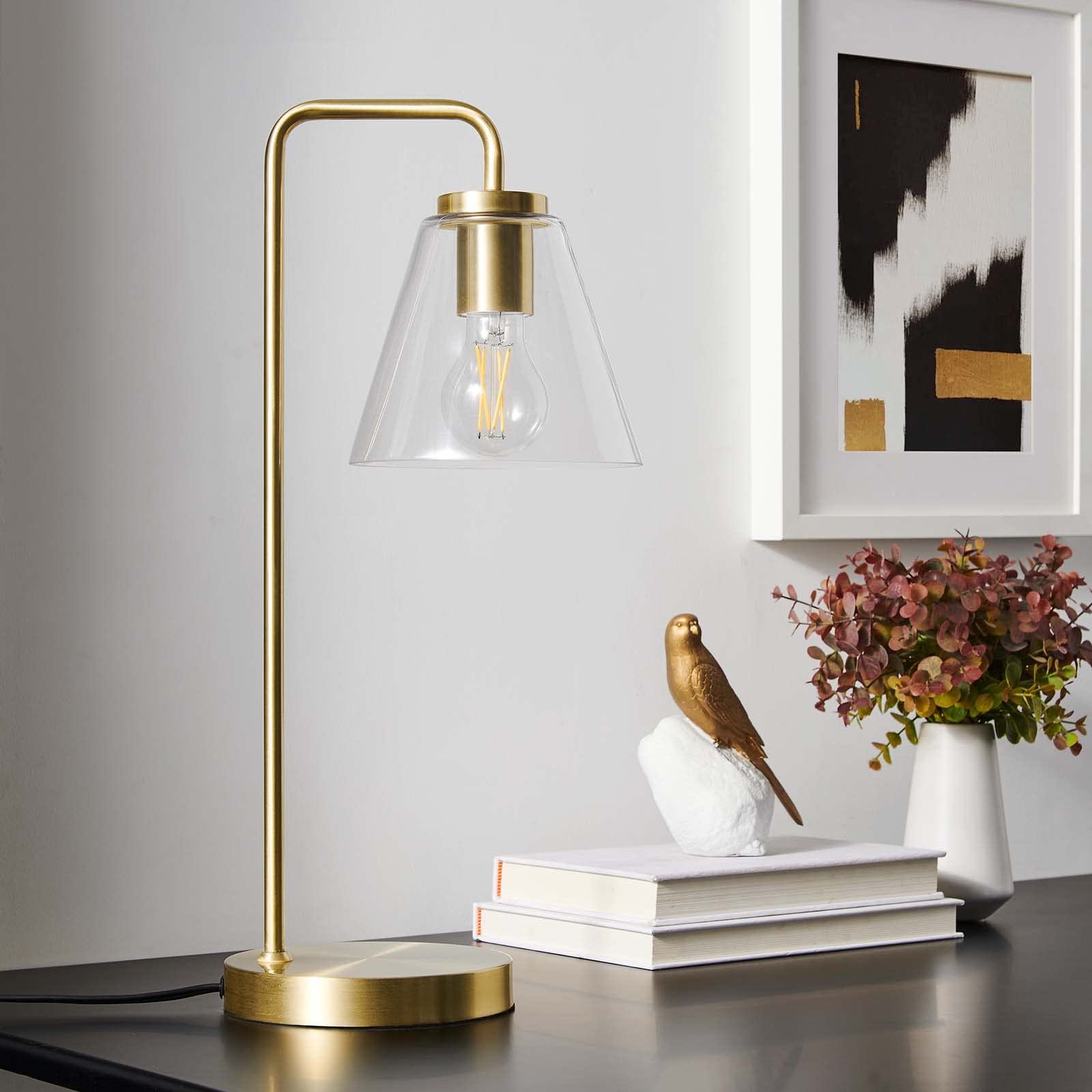 Modway Element Glass Table Lamp in Satin Brass - Modern Bedside & Living Room Lighting for Home Decor
