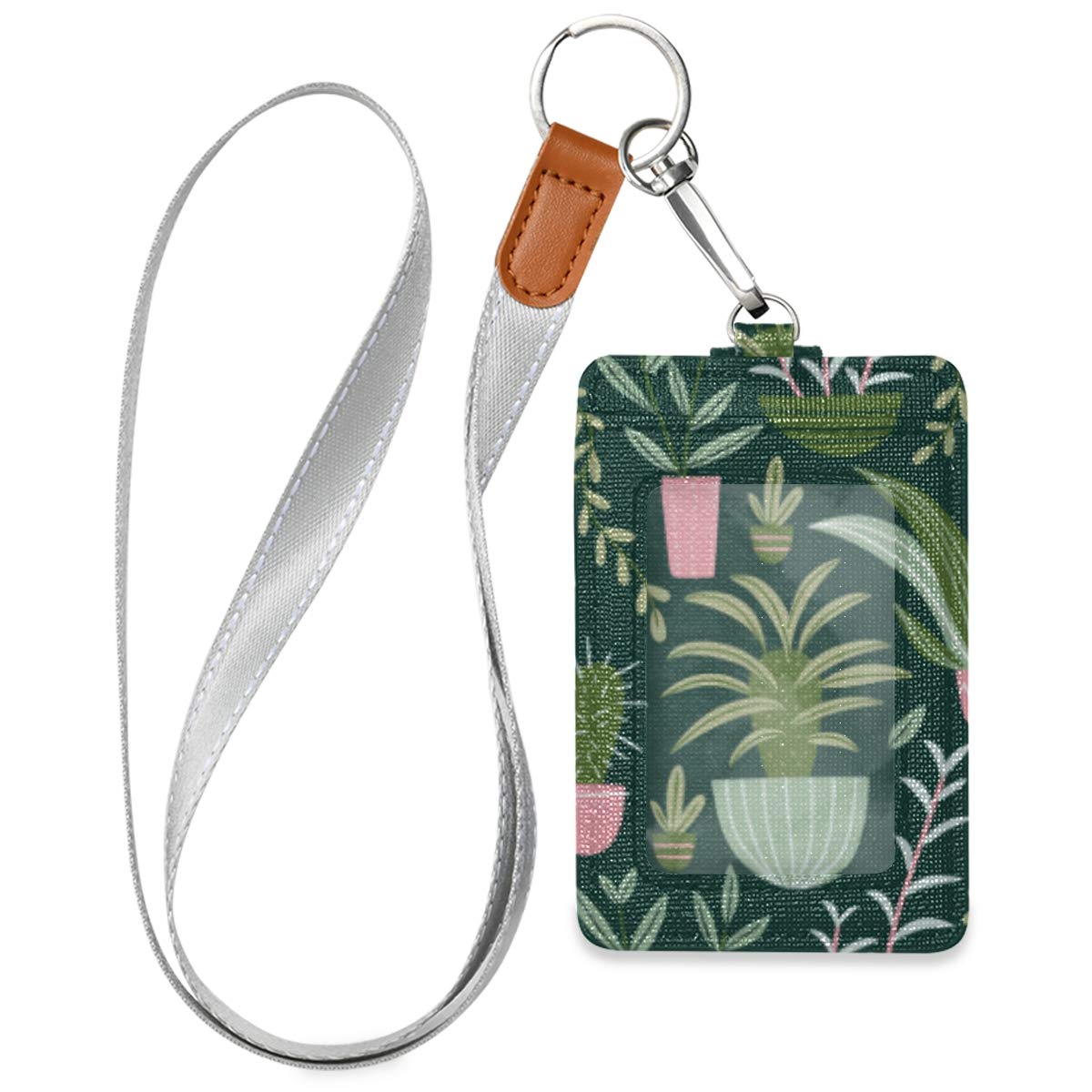VIKKO Green Plants Leaves Badge Holder - PU Leather ID Card Case Wallet with Neck Lanyard & Key Ring - Perfect for Office, School, Events and Conventions