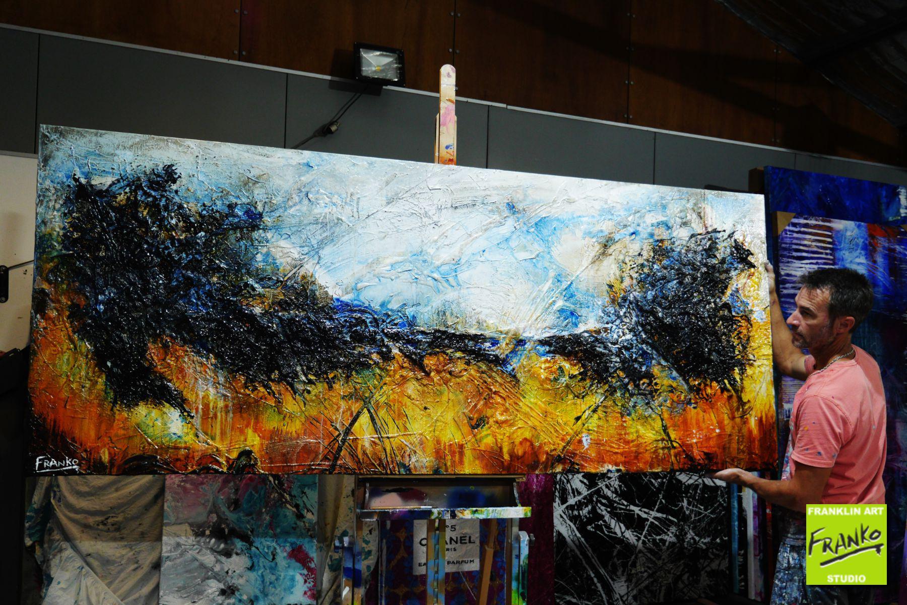 Blue Sienna 240cm x 100cm Abstract Textured Painting - Modern Black & Blue Wall Art for Living Room, Bedroom & Office Decor