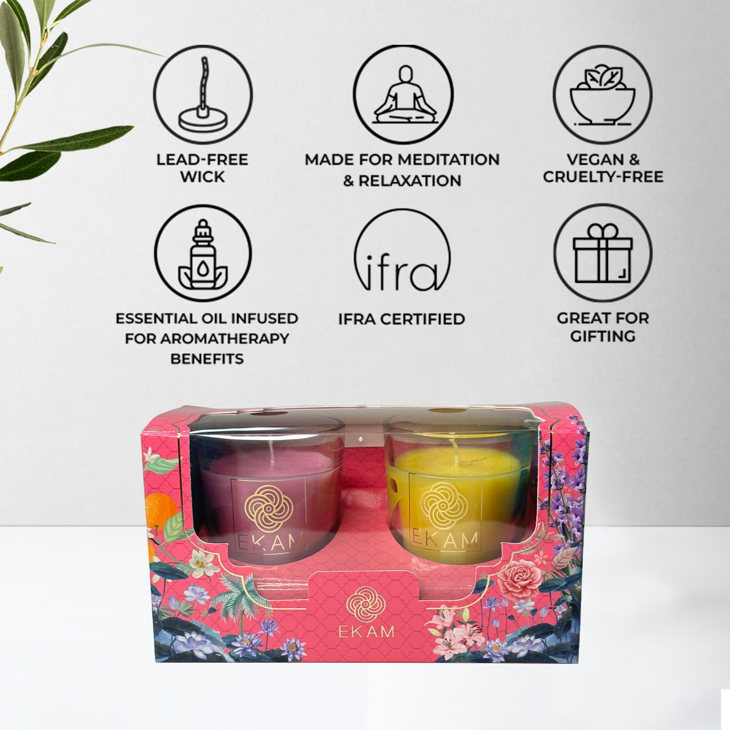 EKAM Luxury Scented Votive Candles - Pack of 2 (Honey Lemon & Clary Sage Geranium) | 10 Hour Burn Time | Home Decor, Gifts & Aromatherapy | Perfect for Christmas, Weddings & Relaxation