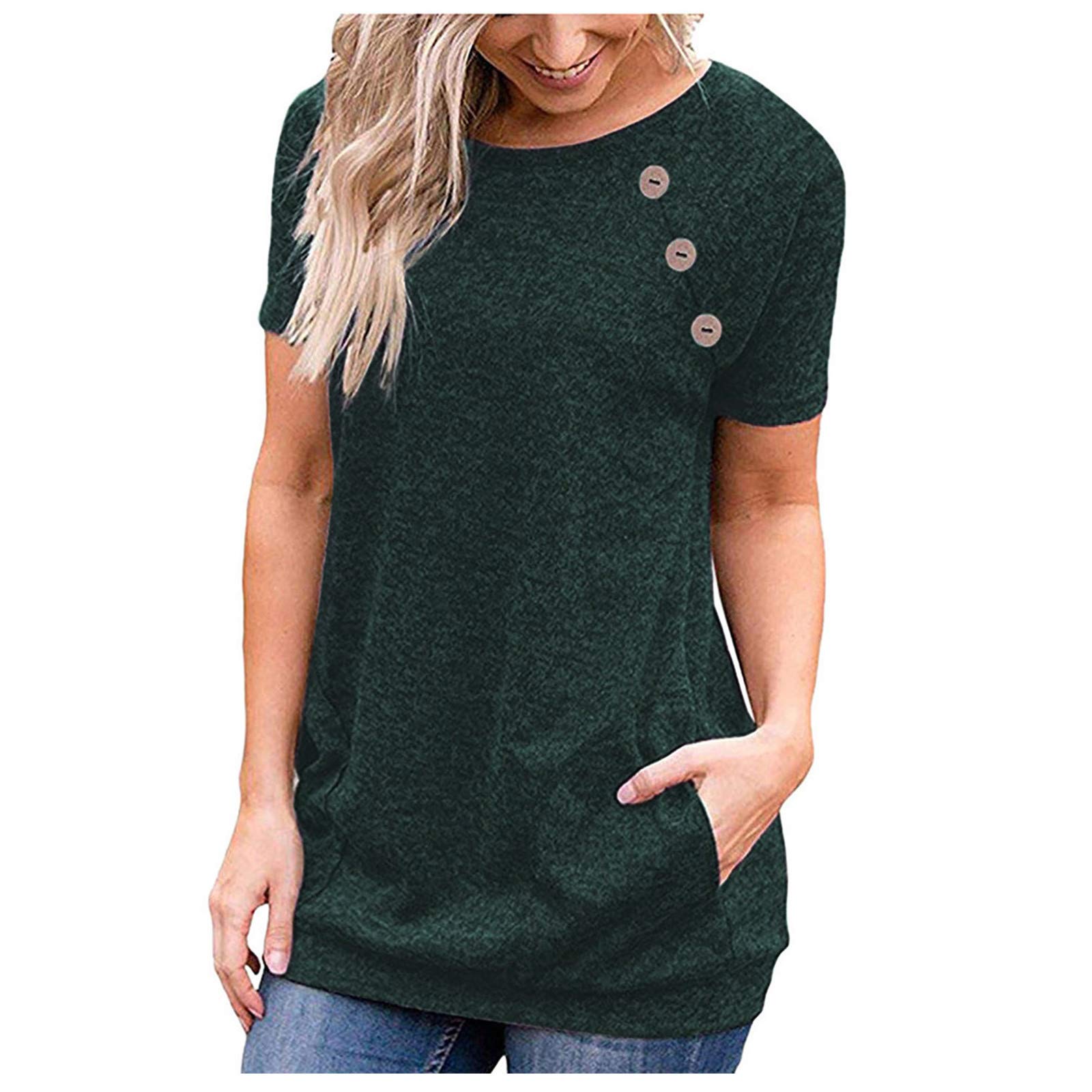 Qopobobo Women's Short Sleeve V-Neck Pocket Ruffled Tunic Top - Casual Loose Fit Solid Color Basic Tee Shirt for Everyday Wear, Work & Outings